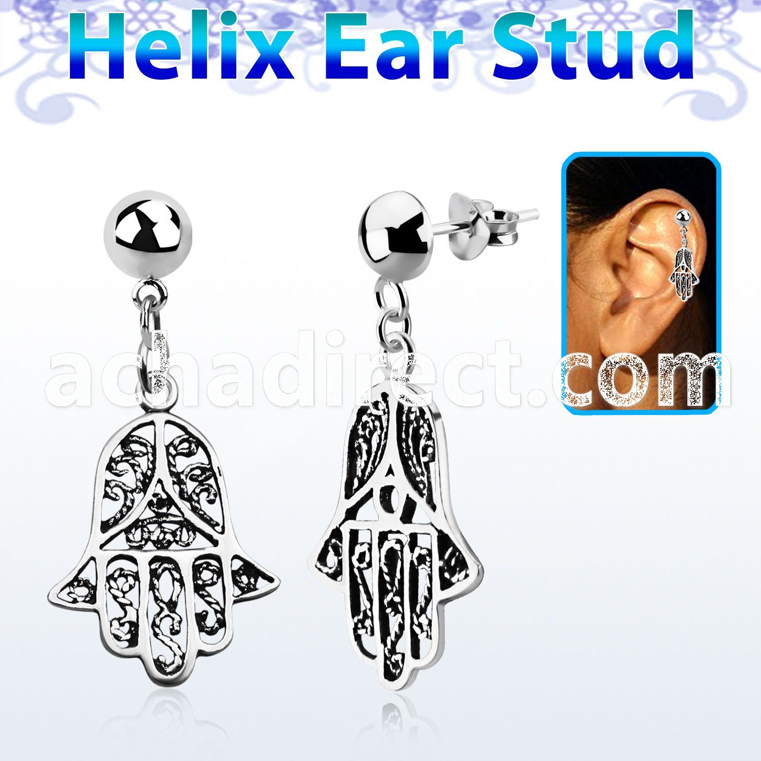 hexvd14 925 silver helix ear stud w dangling 925 silver hamsa