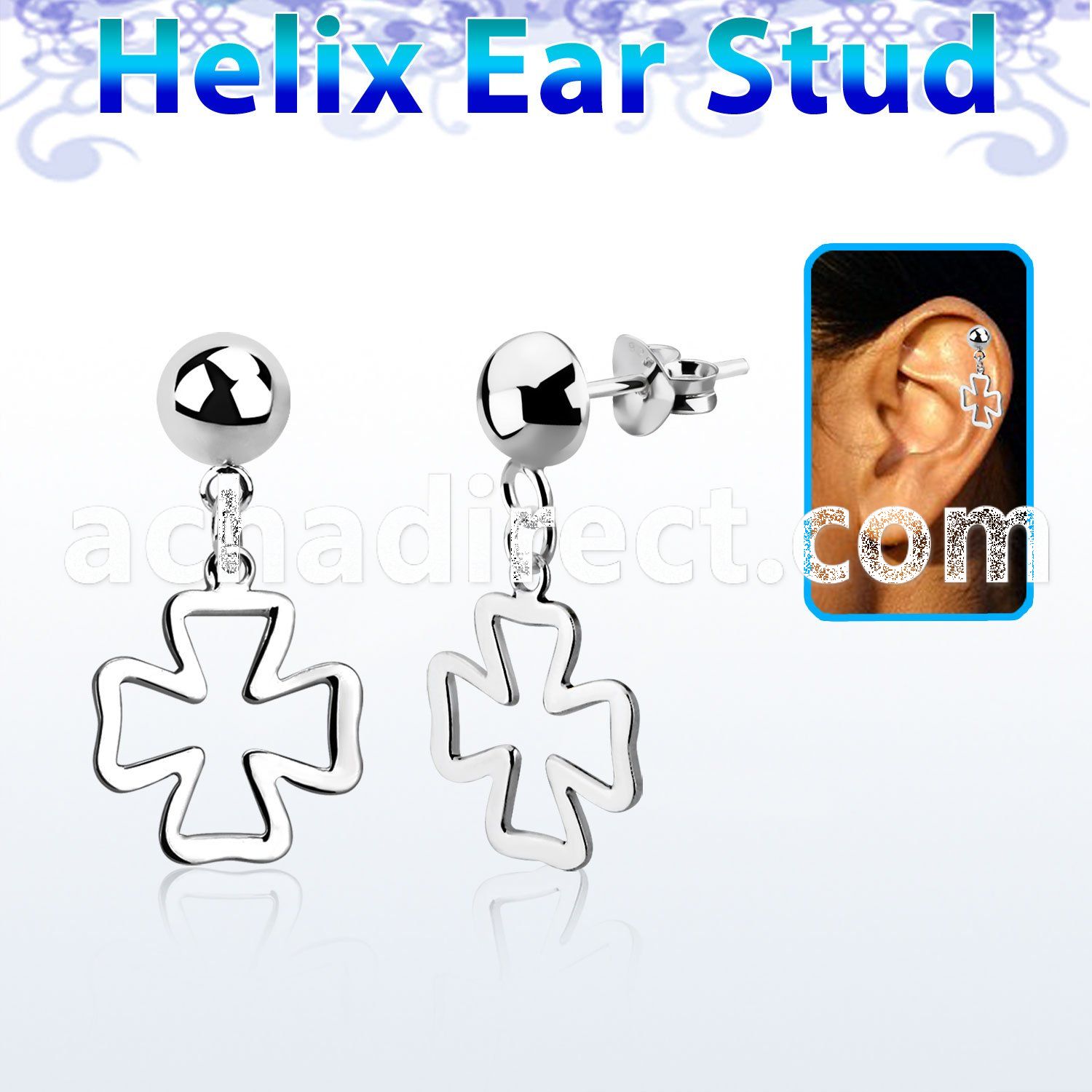 hexvd19 925 silver helix earstud w dangling cross