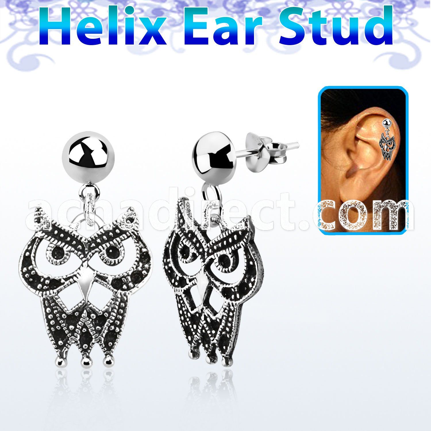 hexvd21 925 silver helix earstud w dangling owl