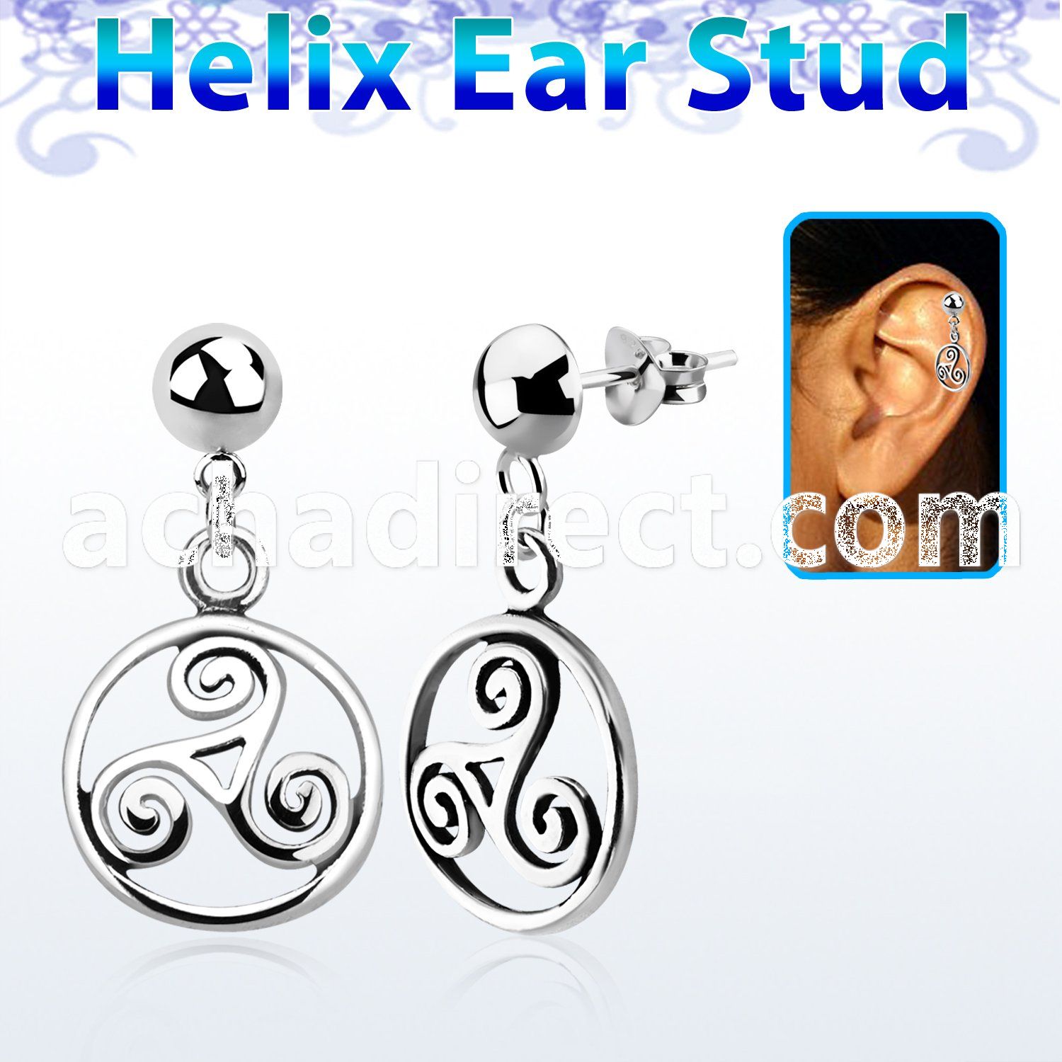 hexvd23 925 silver helix earstud w dangling triskele