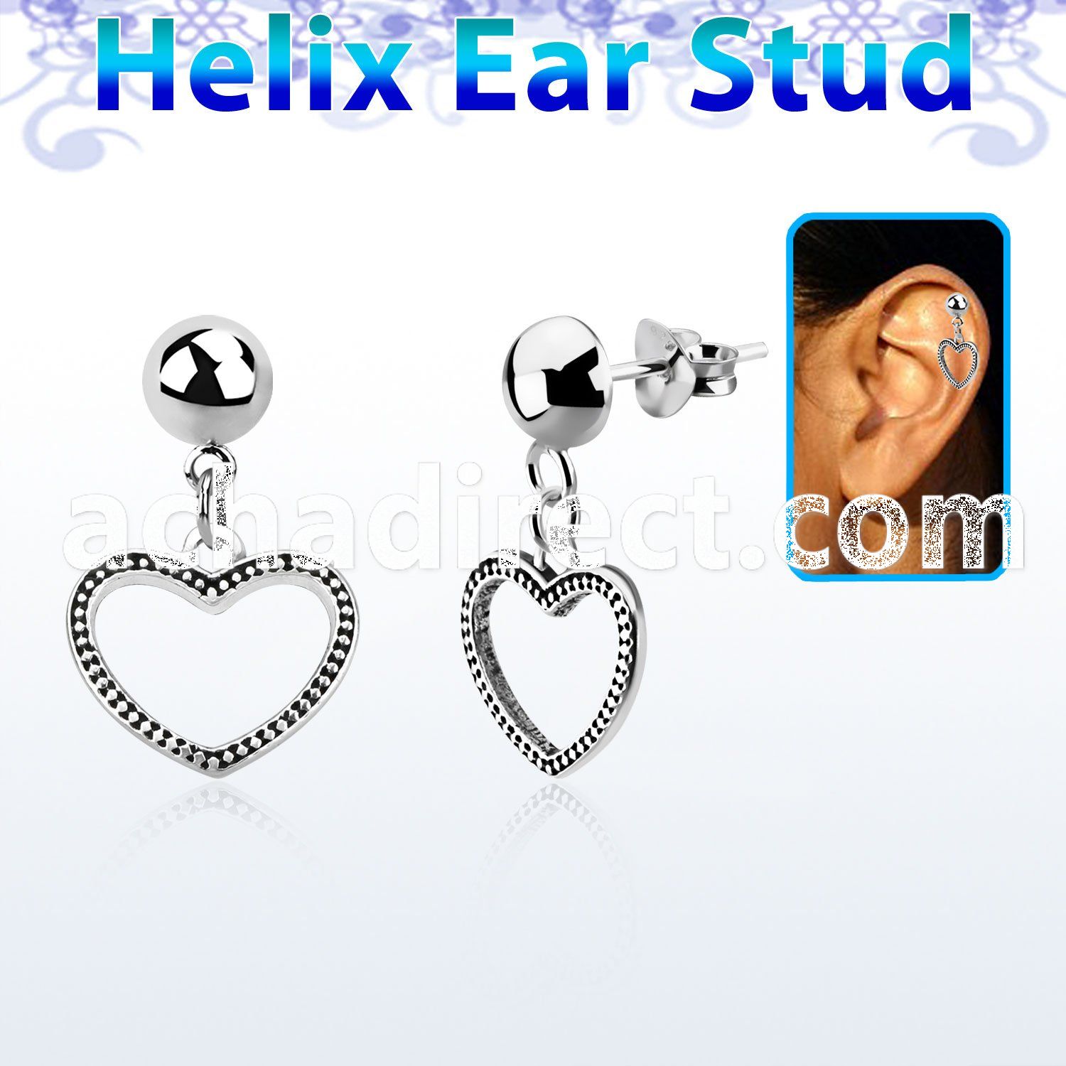 hexvd24 925 silver helix earstud w a heart shaped dangling