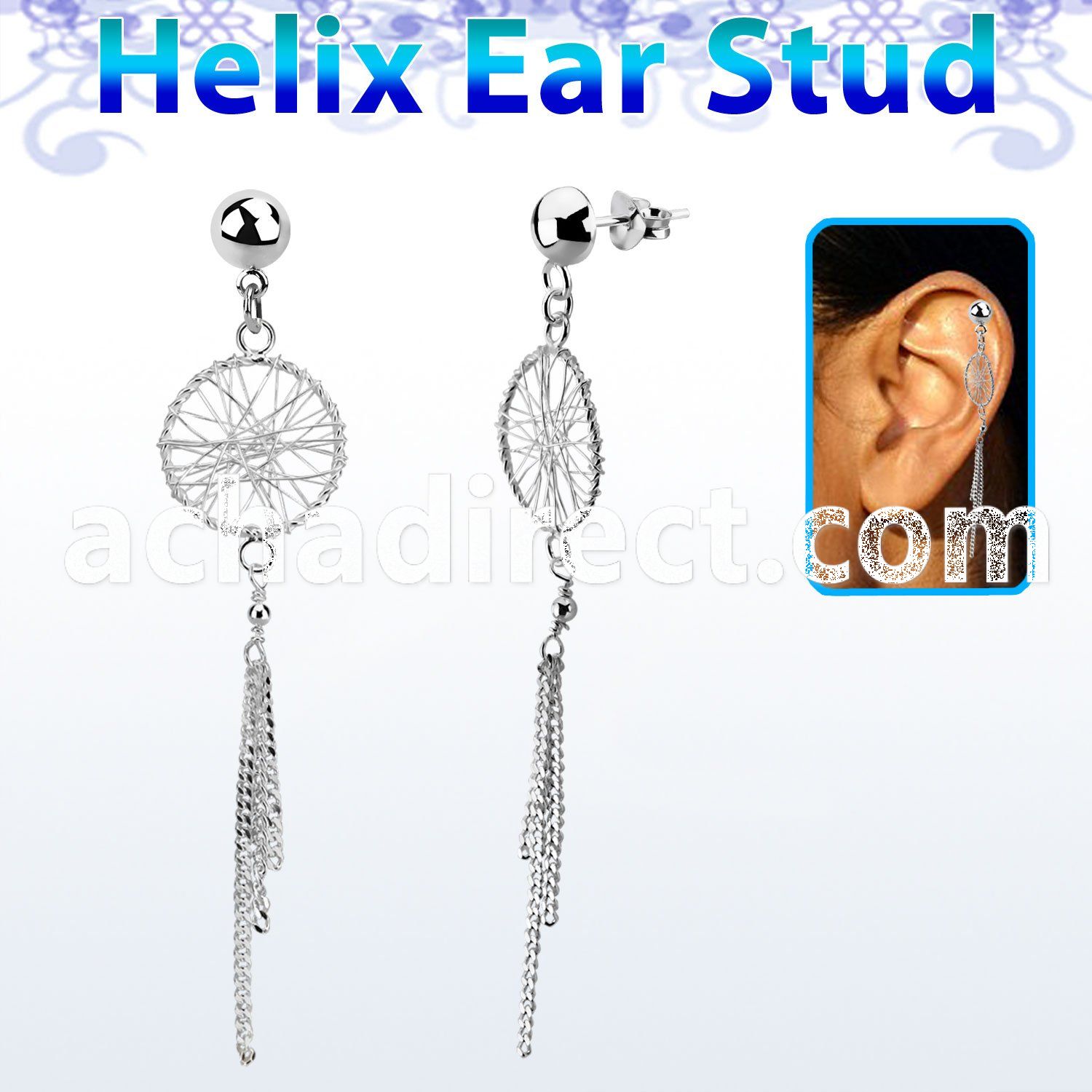 hexvd25 925 silver helix earstud w dangling dream catcher