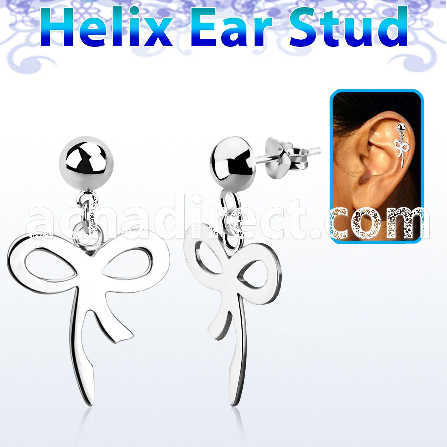 hexvd27 925 silver helix earstud w dangling ribbon