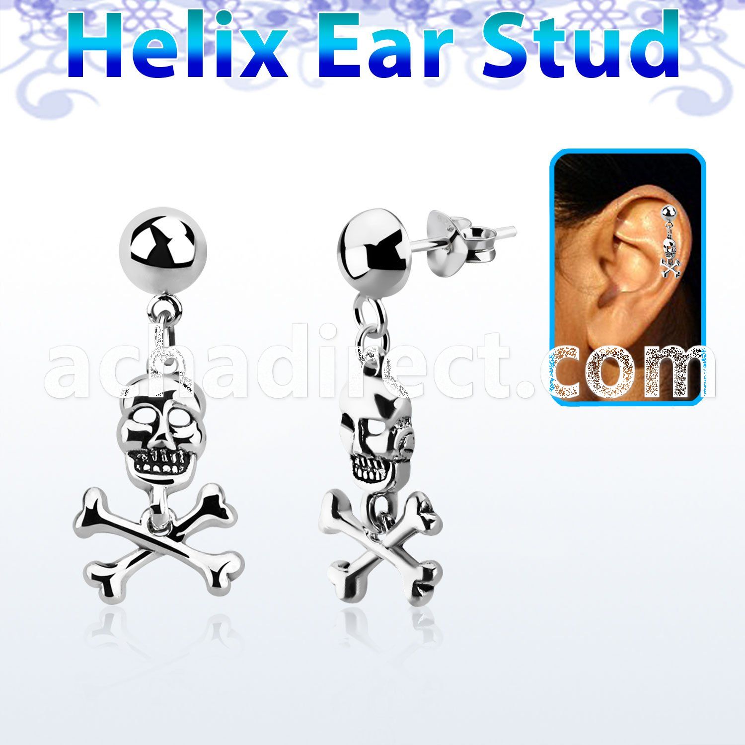 hexvd28 925 silver helix earstud w dangling skull w crossed bone