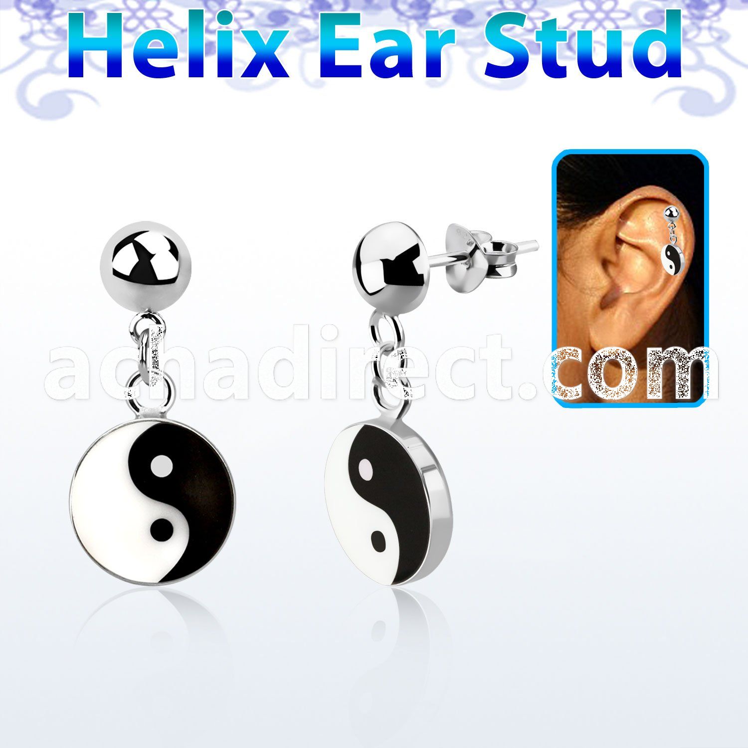hexvd30 925 silver helix earstud w painted ying yang symbol
