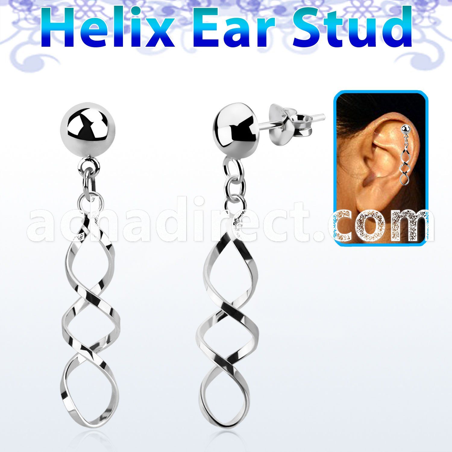 hexvd31 925 silver helix earstud w a coil shaped dangling