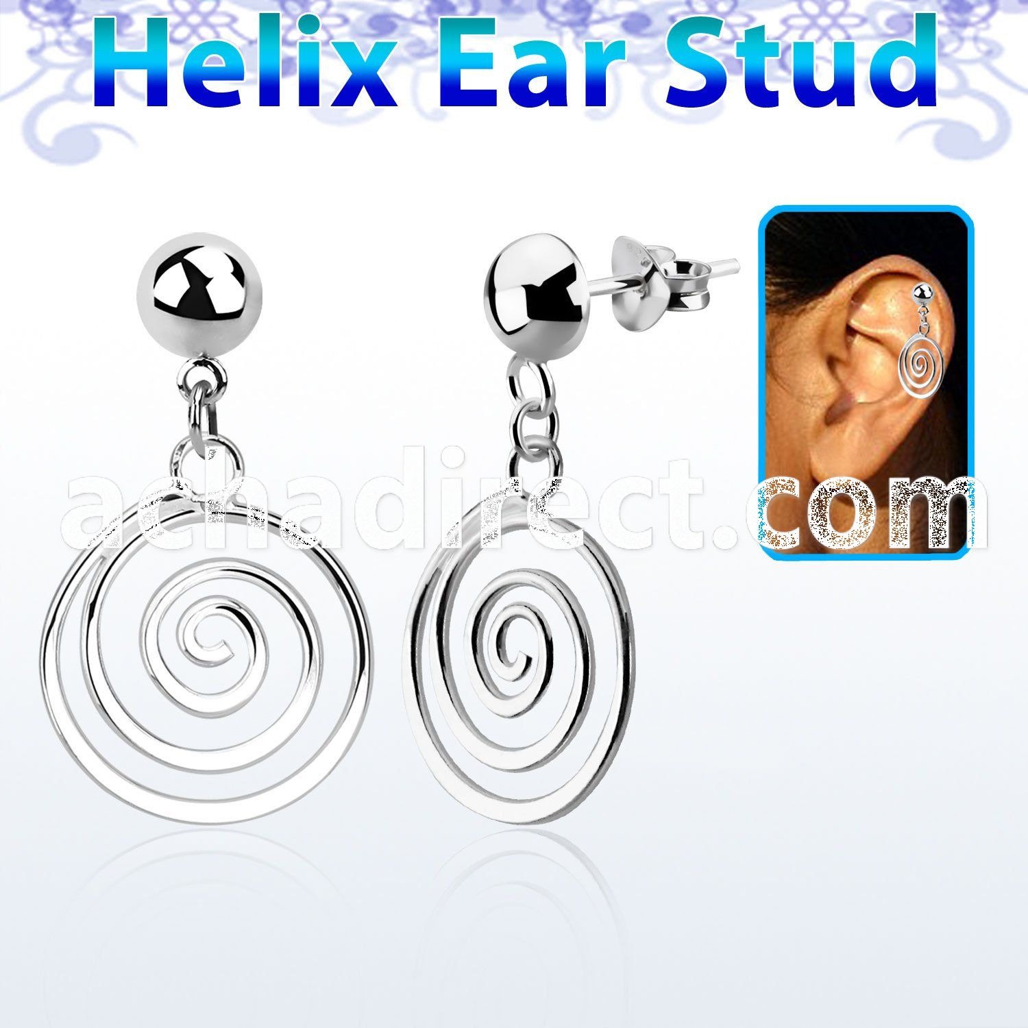 hexvd32 925 silver helix earstud w dangling swirl