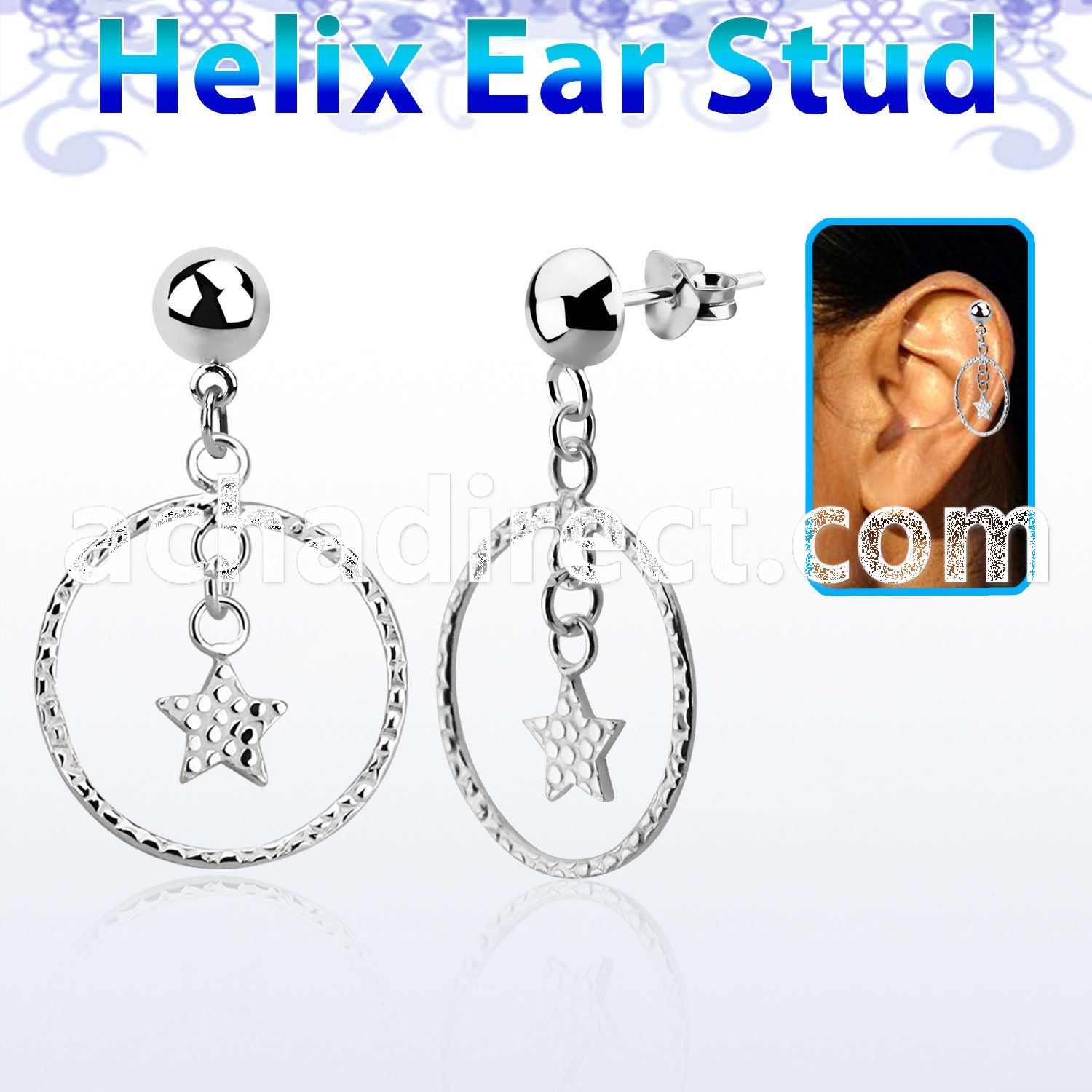 hexvd33 925 silver helix earstud w a star in a circle dangling