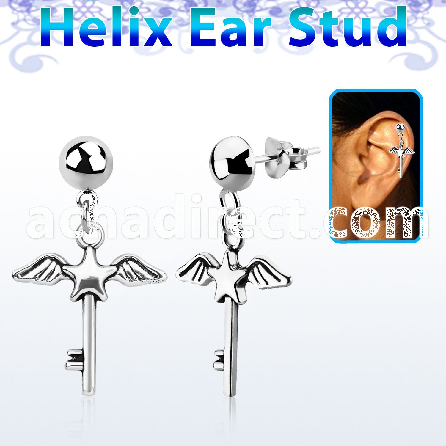 hexvd3 925 silver helix ear stud w dangling star key with wings