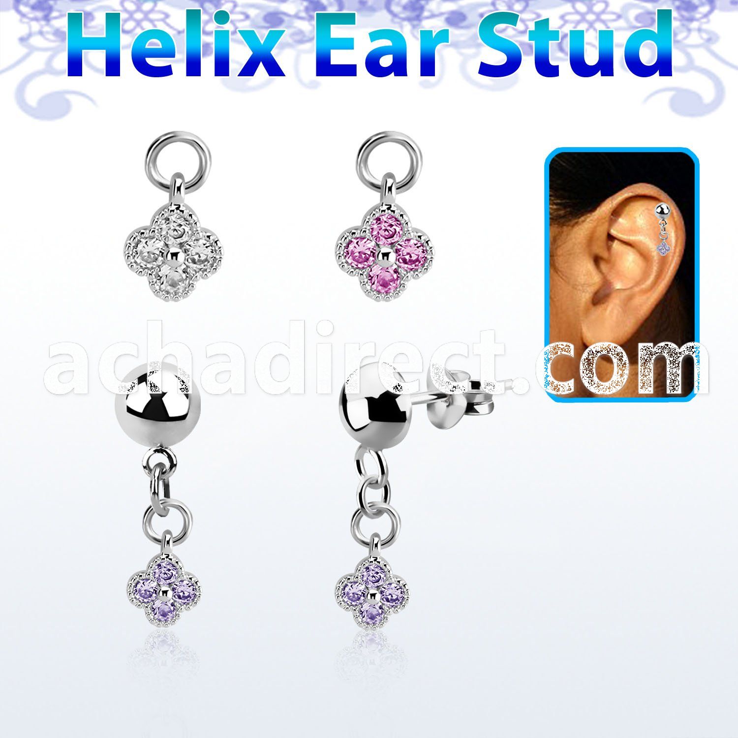 hexvd43 plain 925 silver helix ear stud w dangling small flower