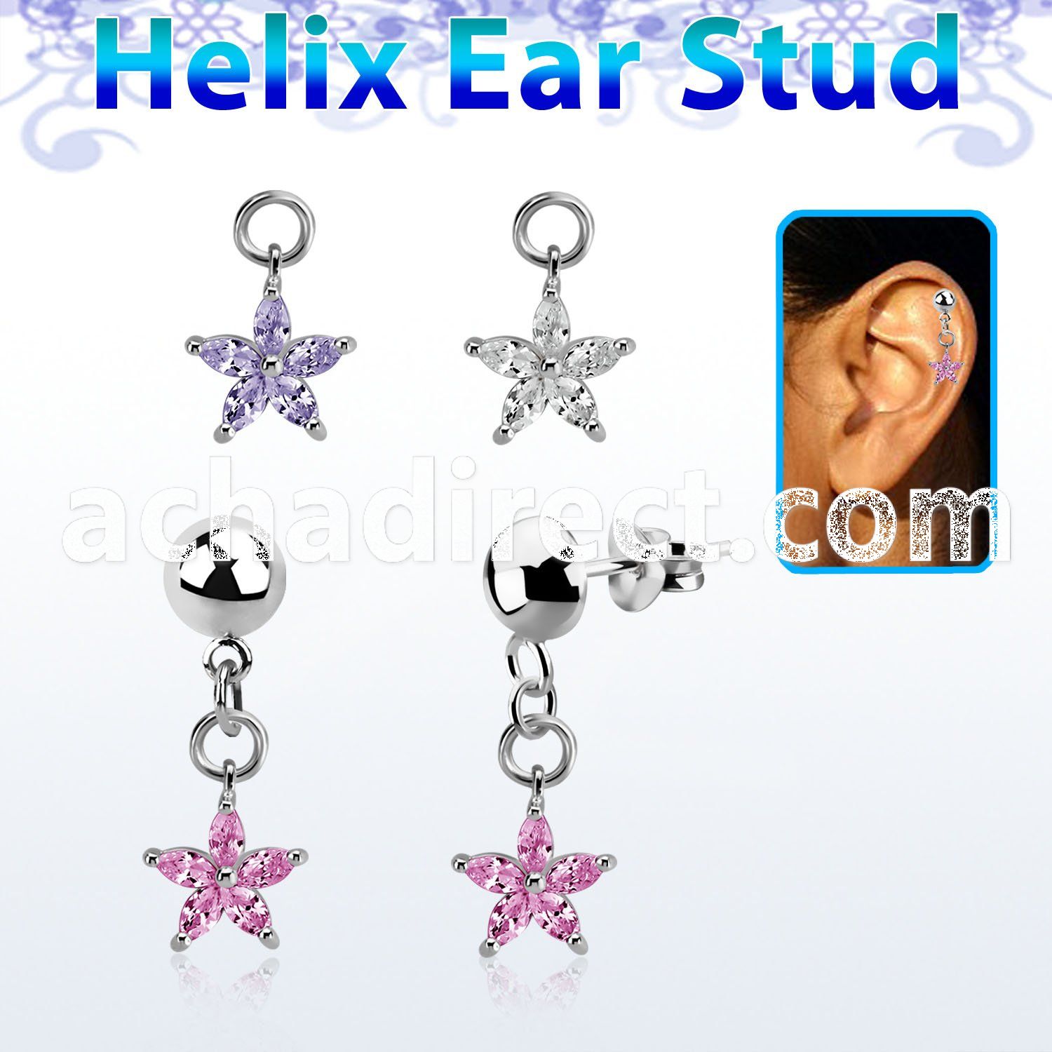hexvd44 plain 925 silver helix ear stud w a dangling flower czs
