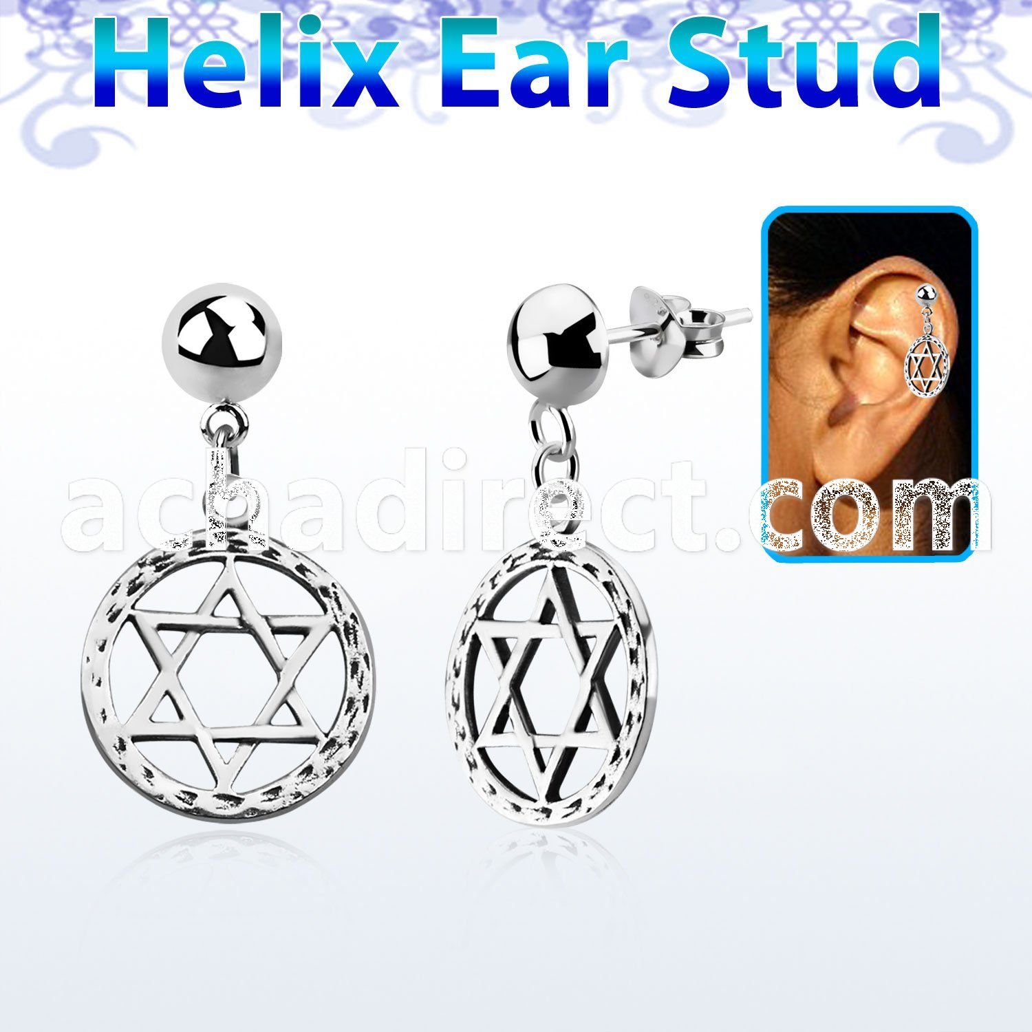 hexvd6 925 silver helix ear stud w dangling david star symbol