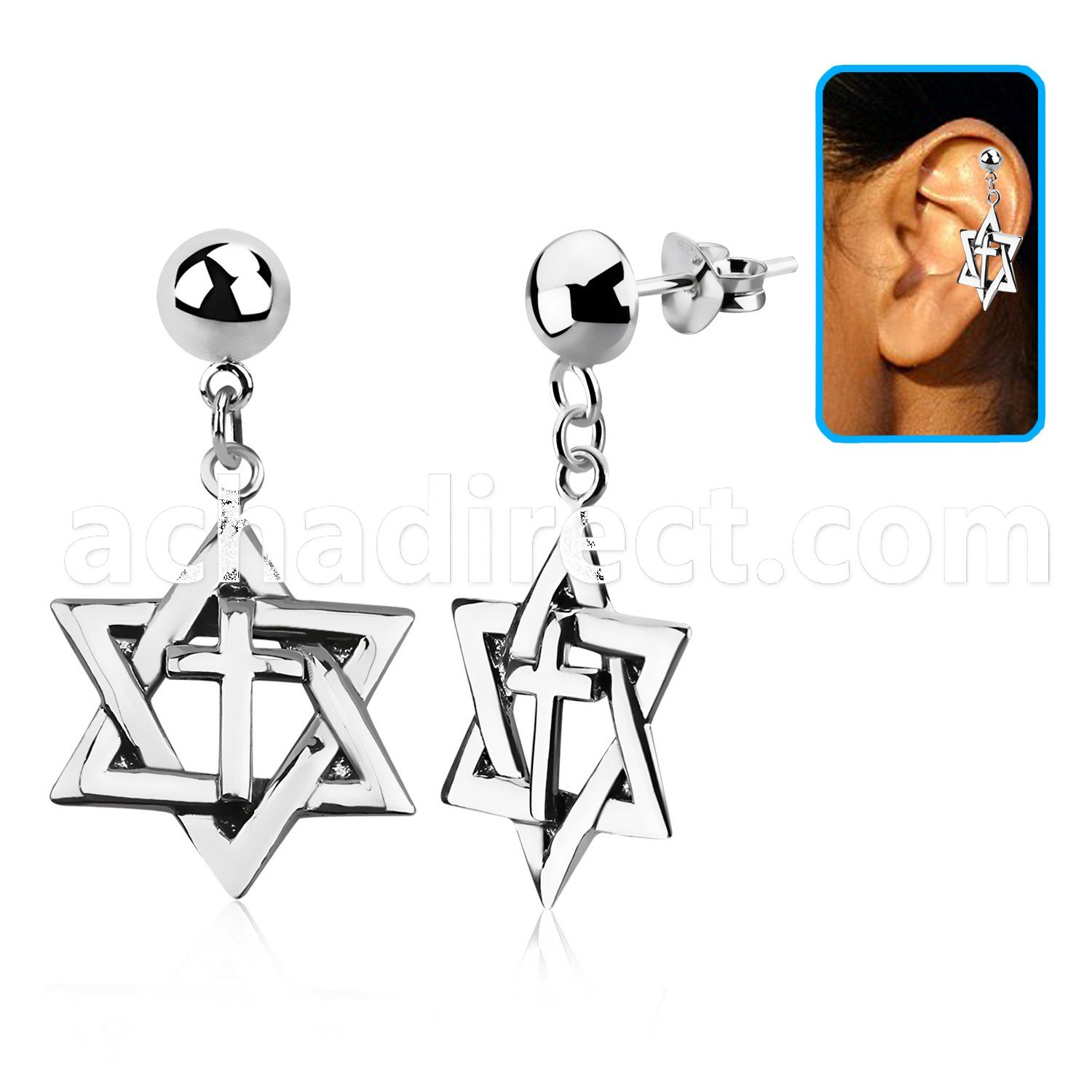hexvd7 silver helix ear stud w dangling david star with cross