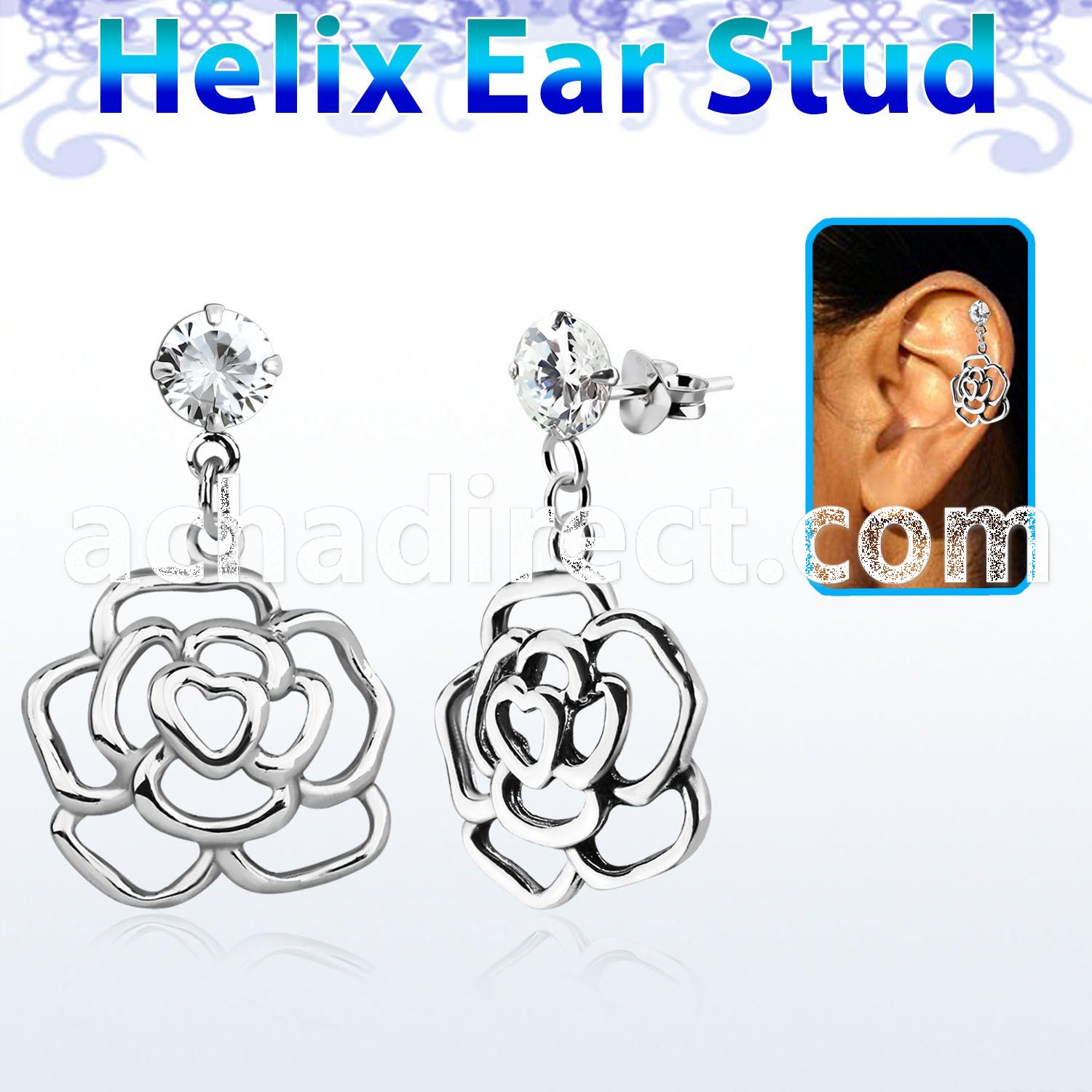 hexzd10 925 silver helix earstud w cz dangling 925 silver rose