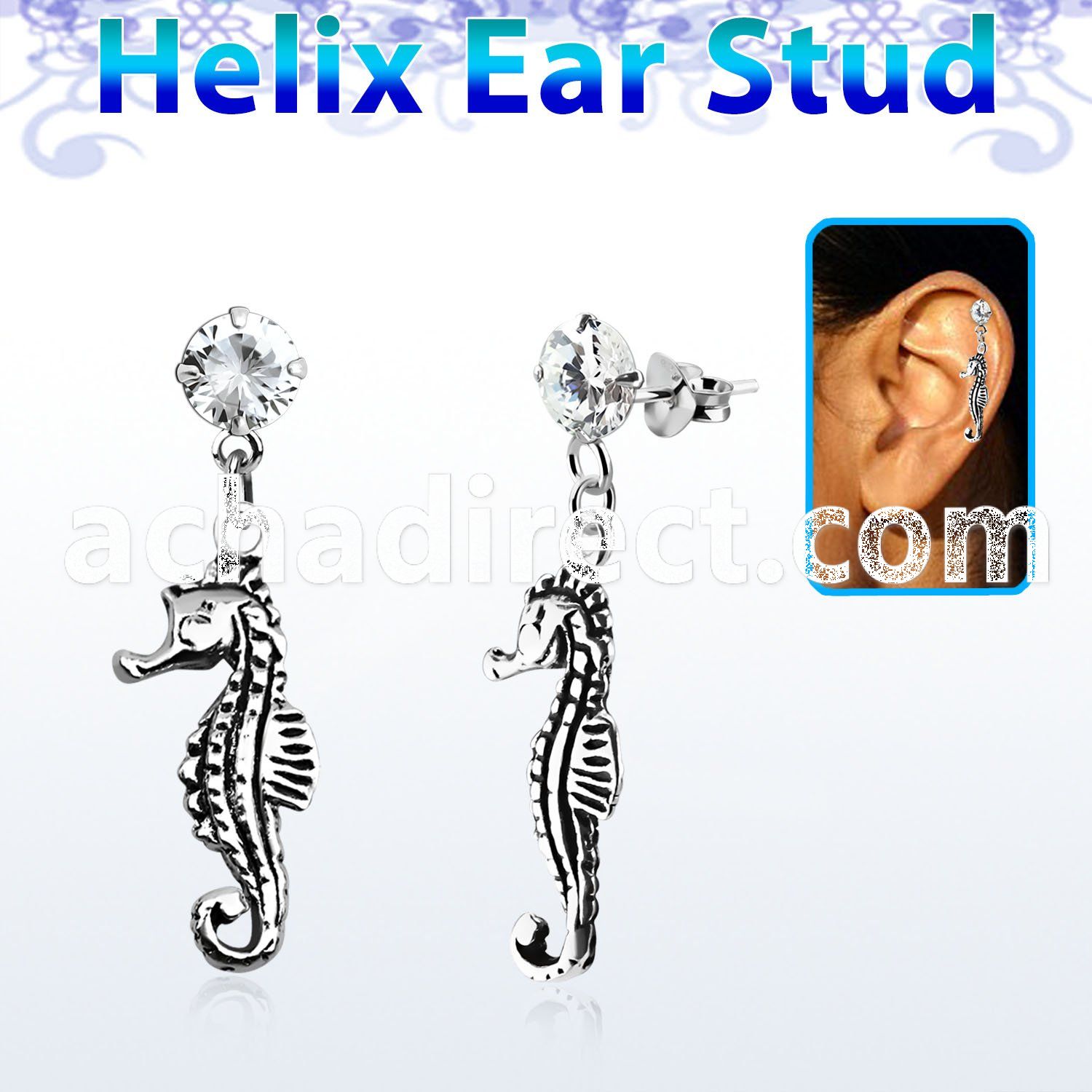 hexzd13 925 silver helix earstud w cz dangling silver sea horse