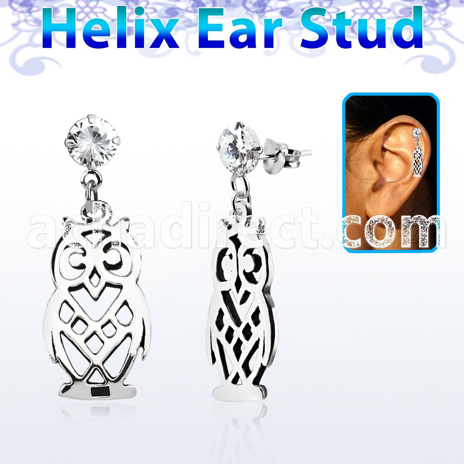 hexzd15 925 silver helix earstud w cz dangling 925 silver owl