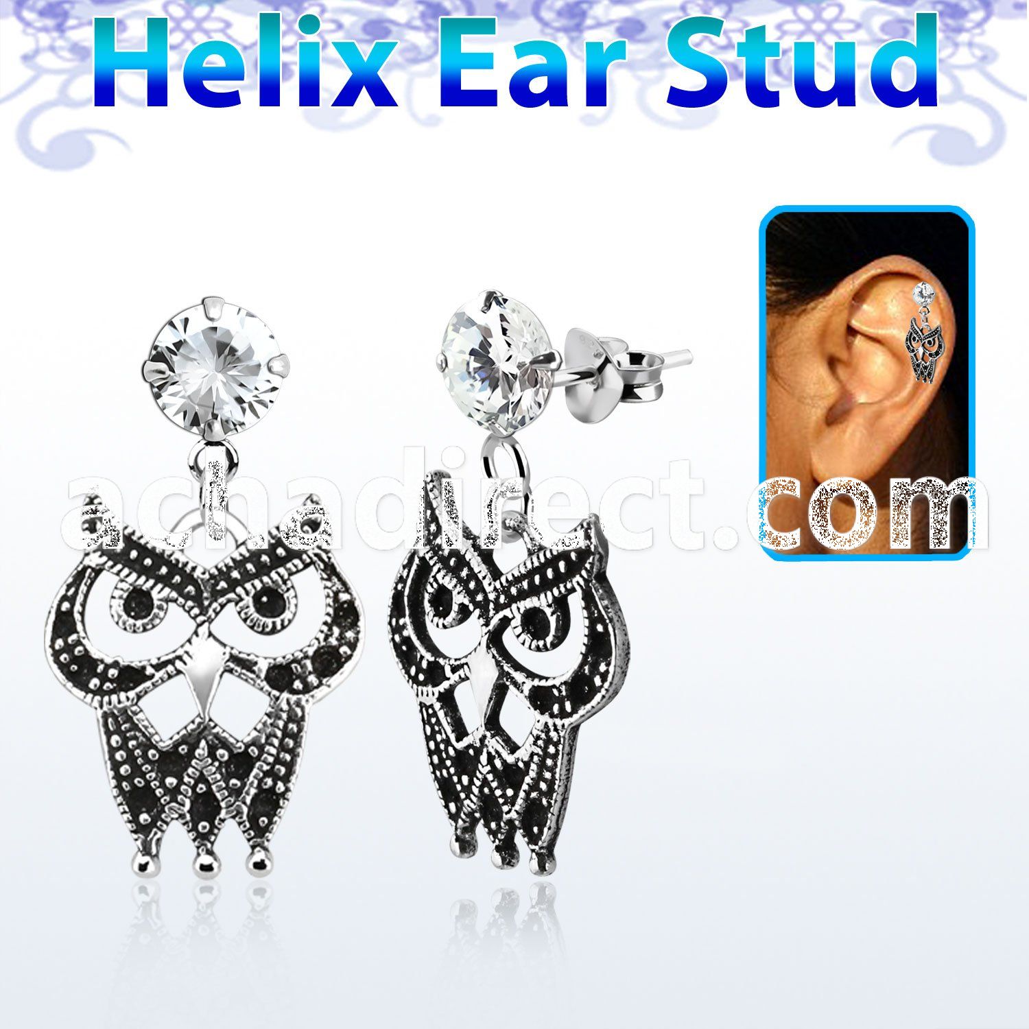 hexzd21 925 silver helix earstud w cz a owl dangling