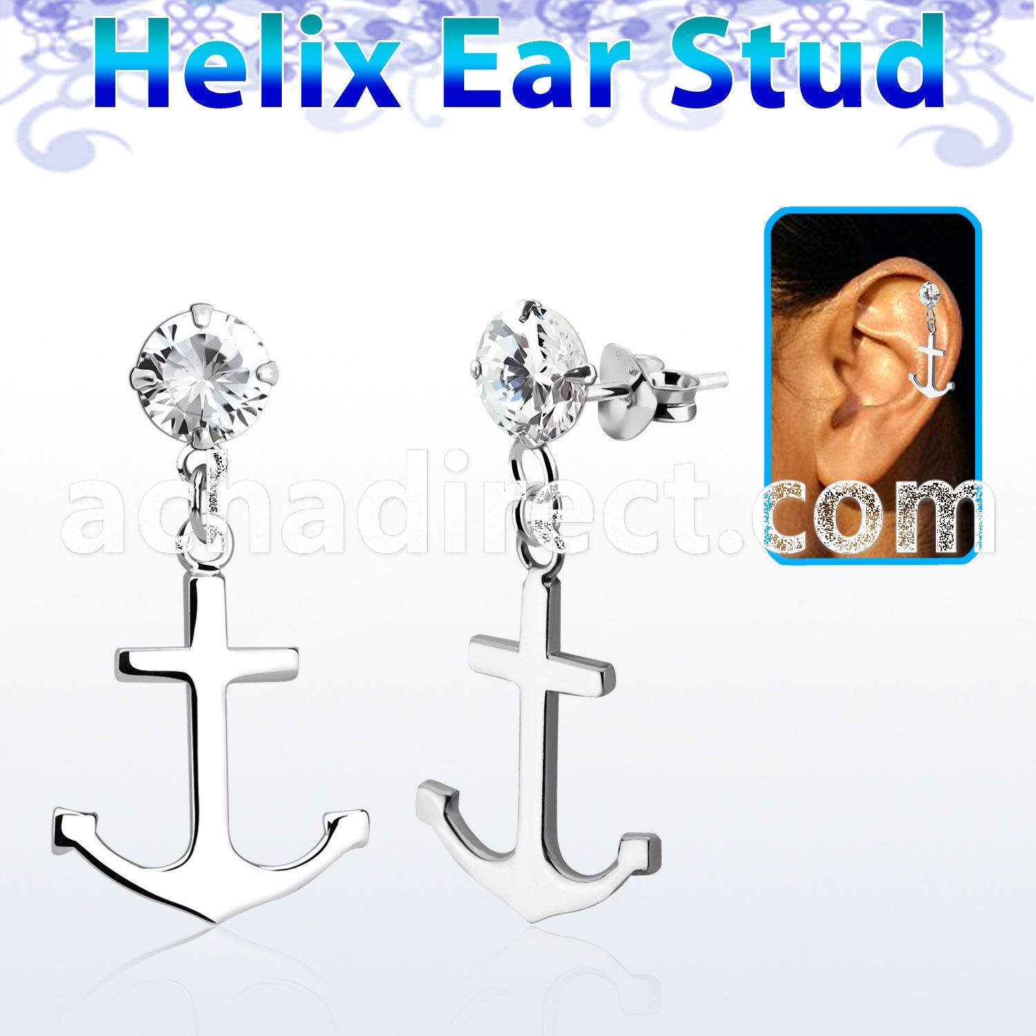 hexzd22 925 silver helix earstud w cz a plain anchor dangling