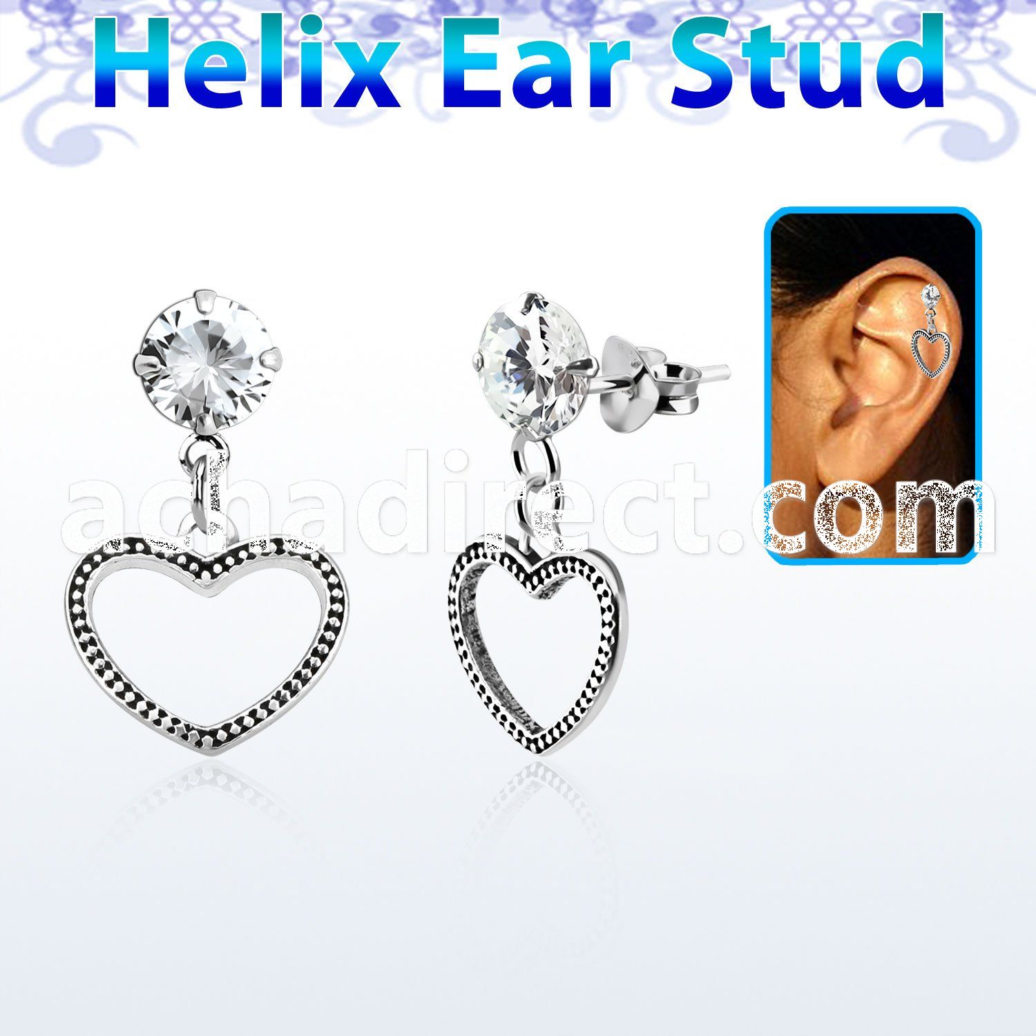 hexzd24 925 silver helix earstud w cz a heart shaped dangling