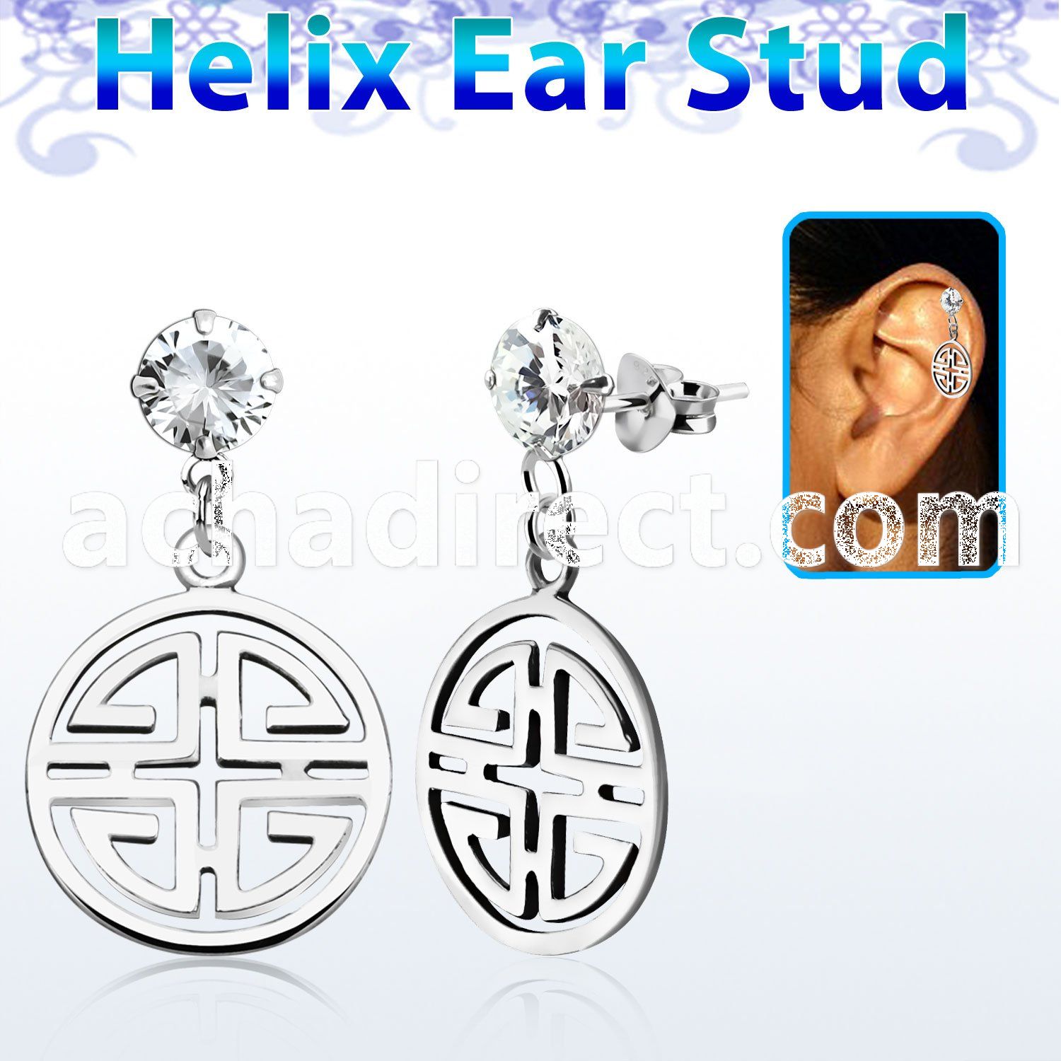 hexzd26 925 silver helix earstud w cz a chiness word dangling