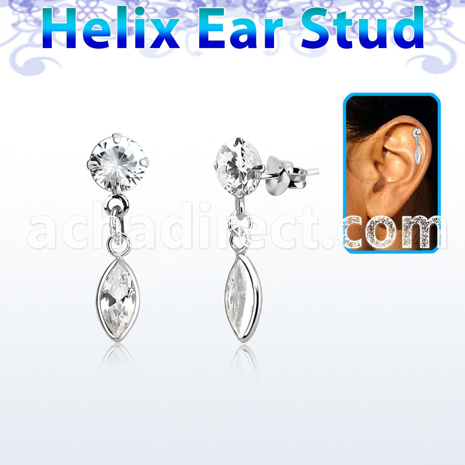 hexzd29 silver helix ear stud prong set cz dangling marqui cz