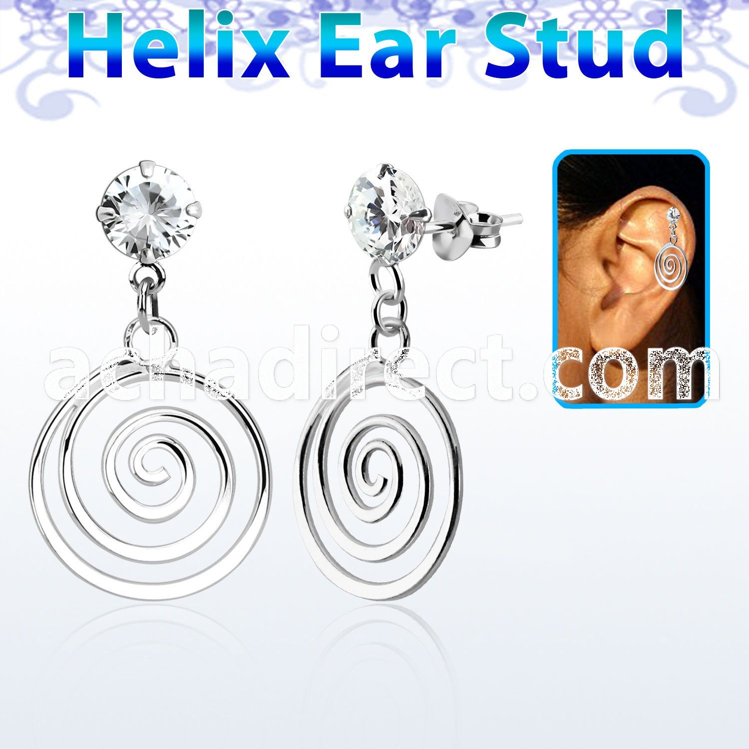 hexzd32 925 silver helix earstud w cz a swirl dangling