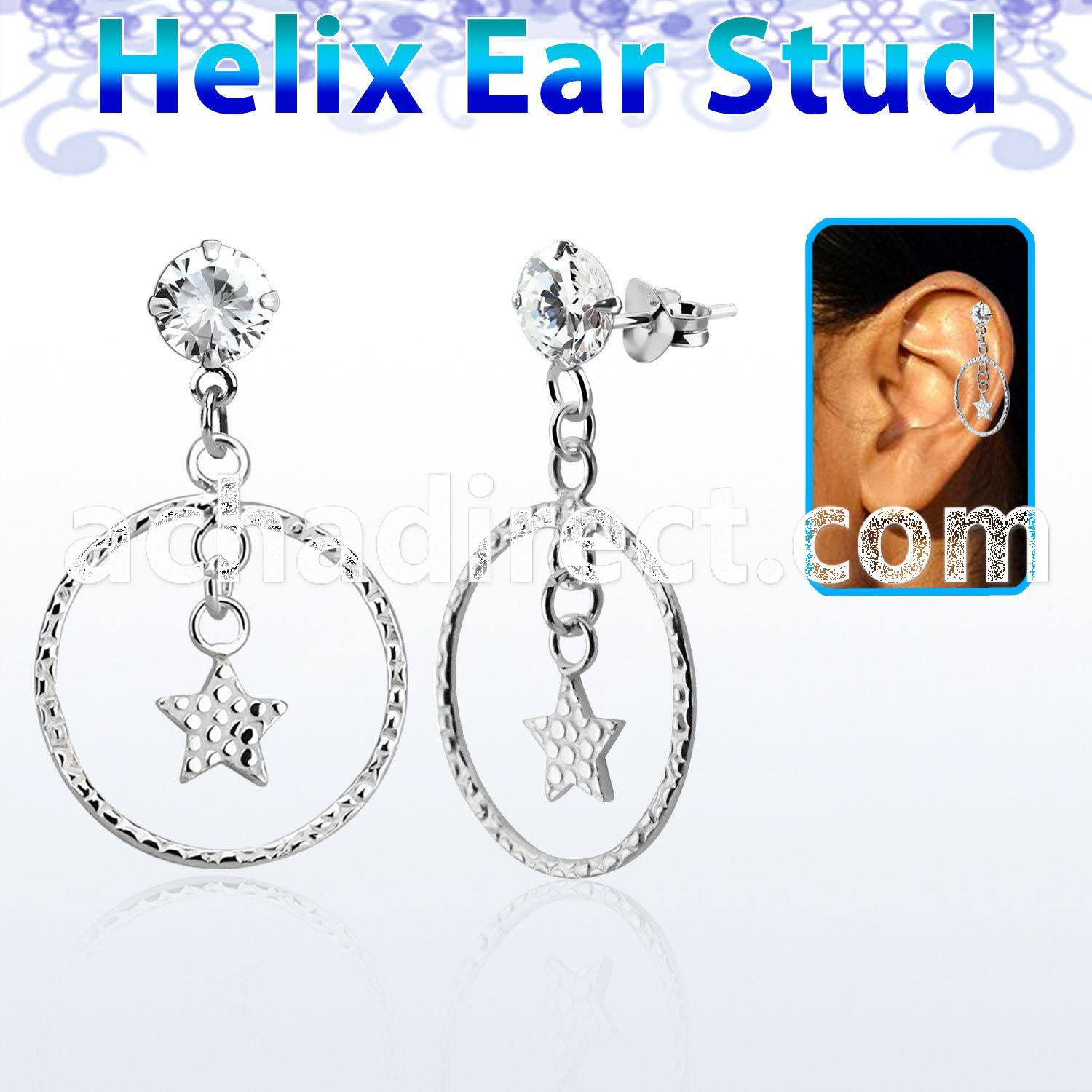 hexzd33 925 silver helix earstud w cz star in circle dangling