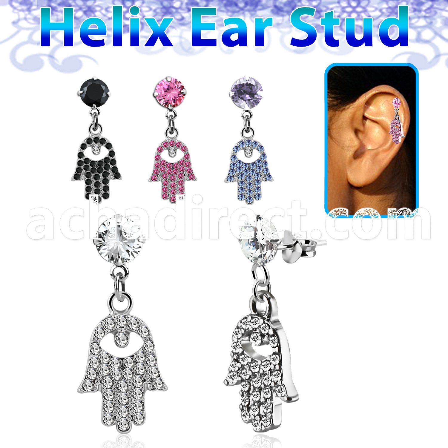hexzd35 silver helix ear stud w 6mm cz dangling small hamsa