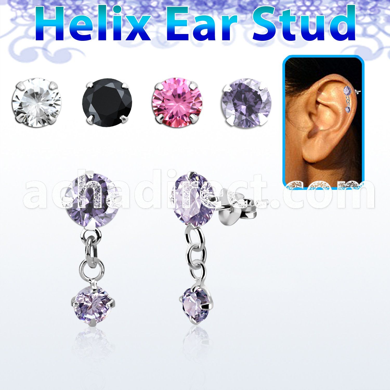 hexzd37 silver helix ear stud w dangling 3mm round prongset cz 