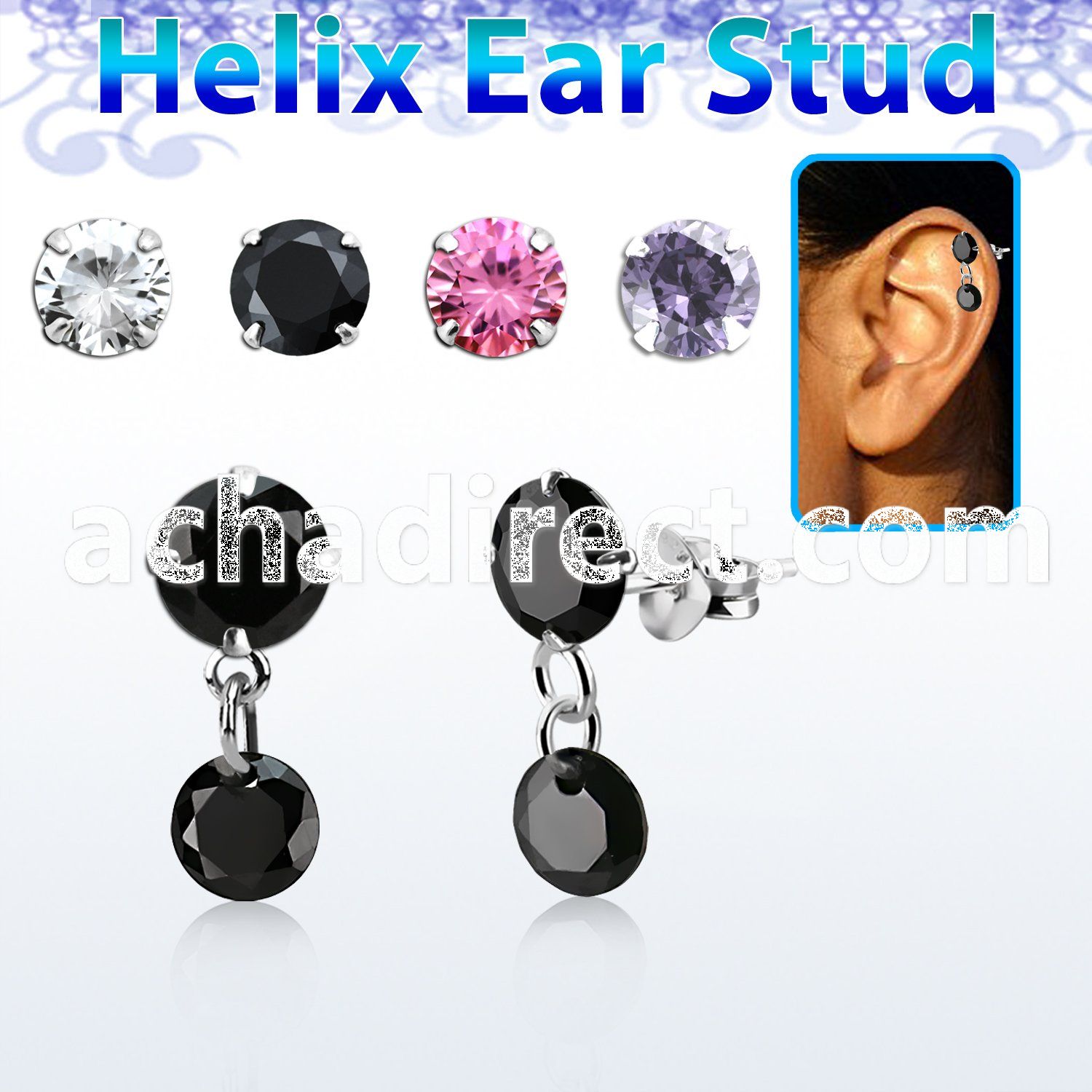 hexzd41 silver helix ear stud w dangling 5mm round prongset cz 