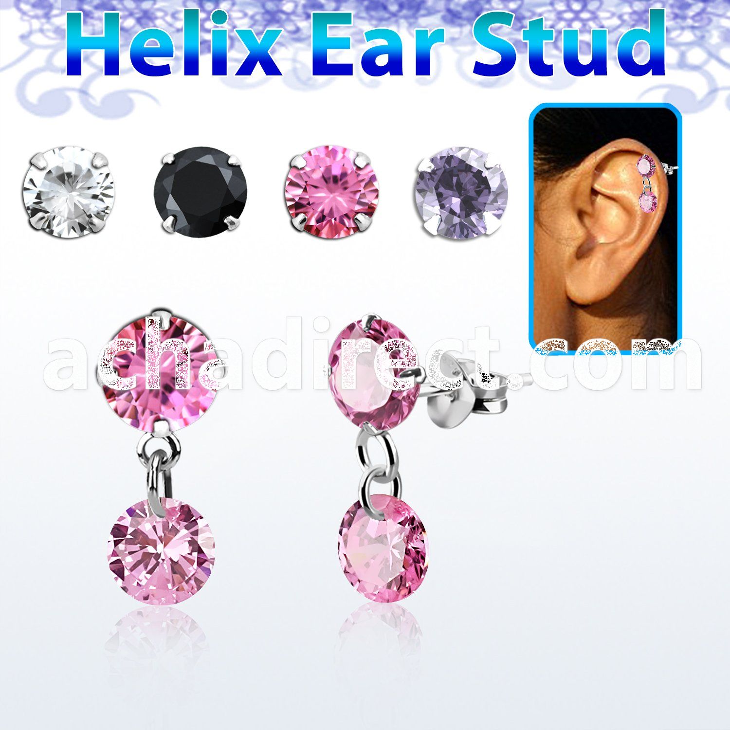 hexzd42 silver helix ear stud w dangling 6mm round prongset cz 