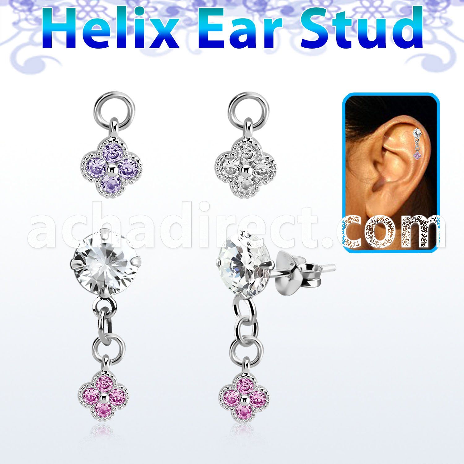 hexzd43 silver helix ear stud w dangling flower w cz 
