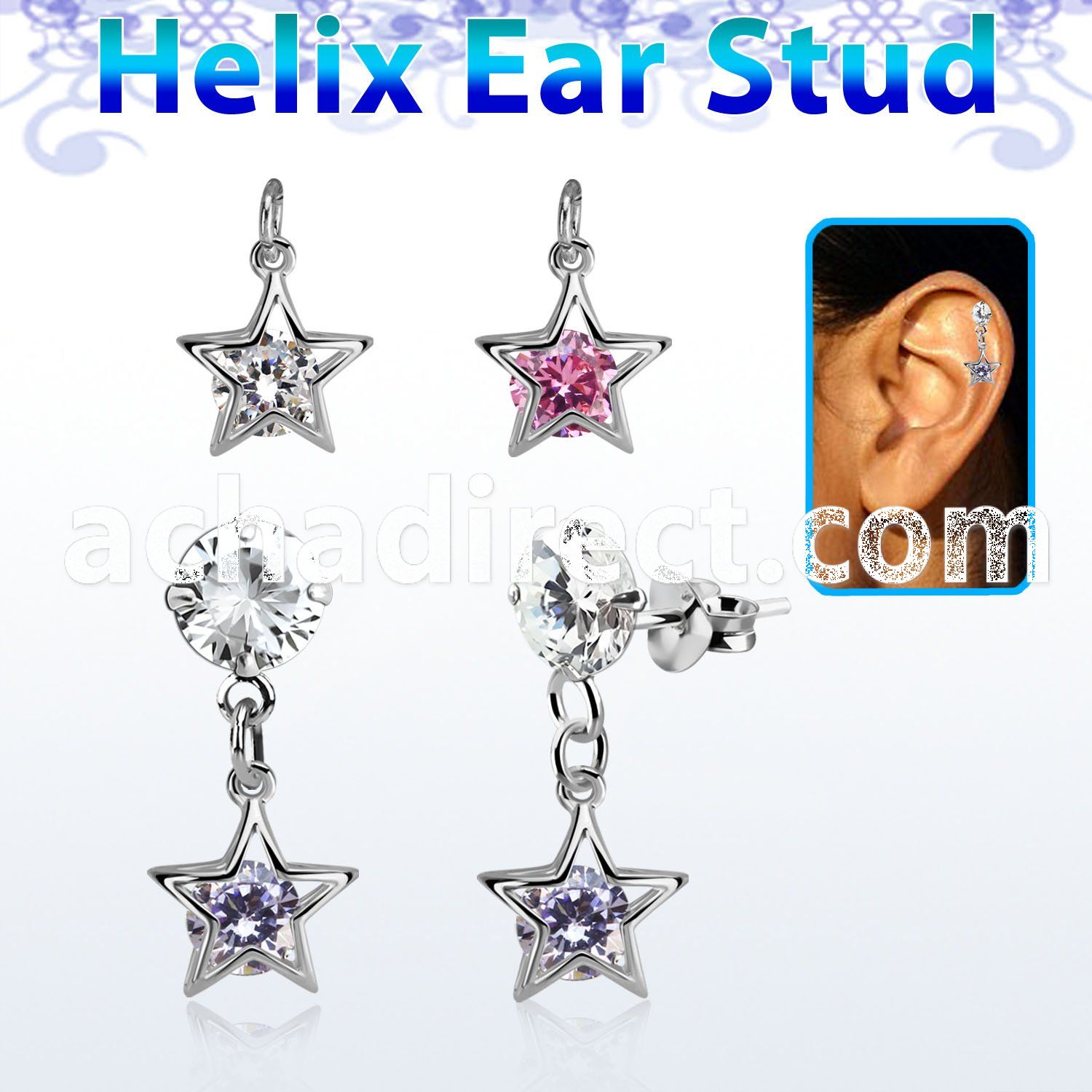 hexzd45 silver helix ear stud w dangling star w a round cz 