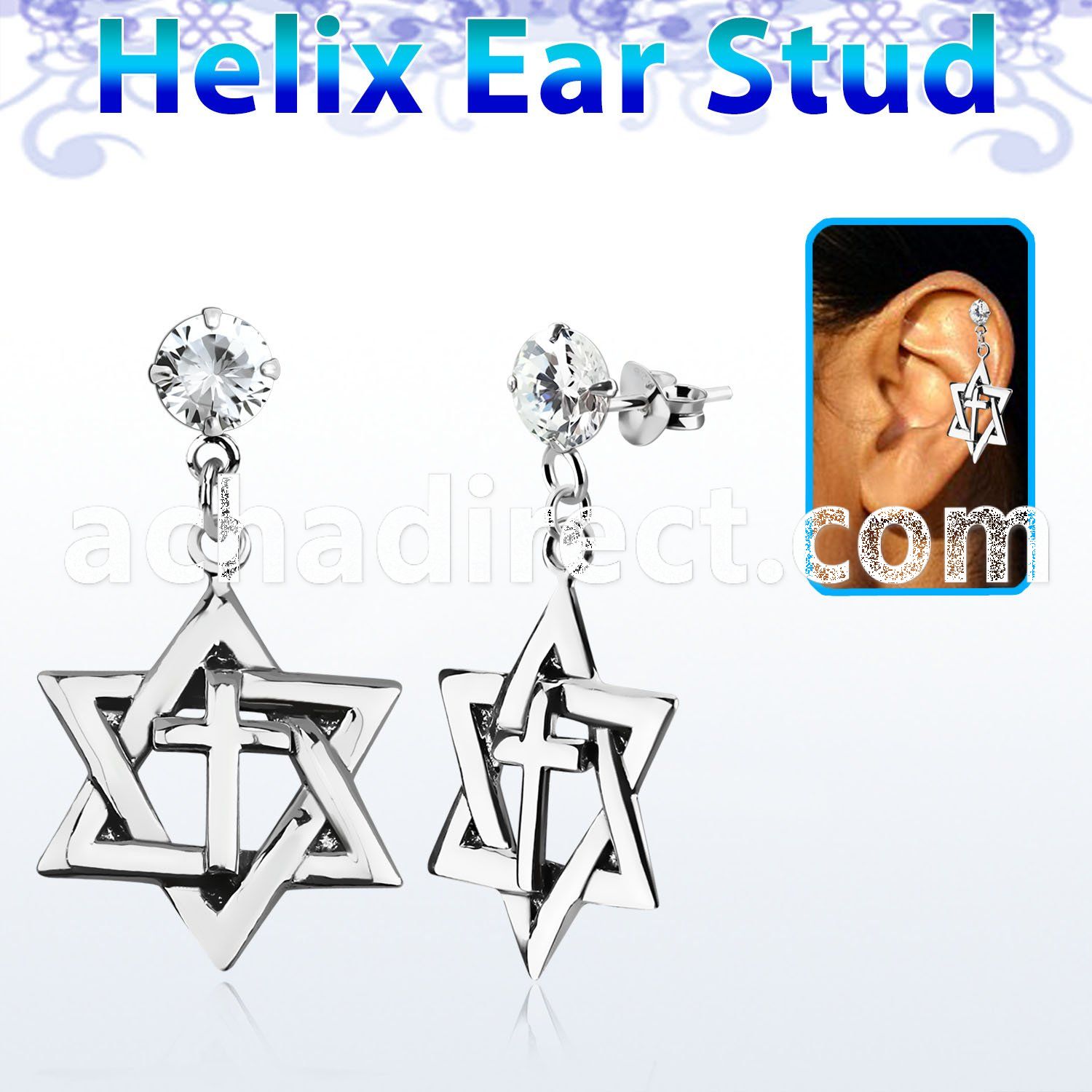 hexzd7 925 silver helix earstud w silver david star with cross
