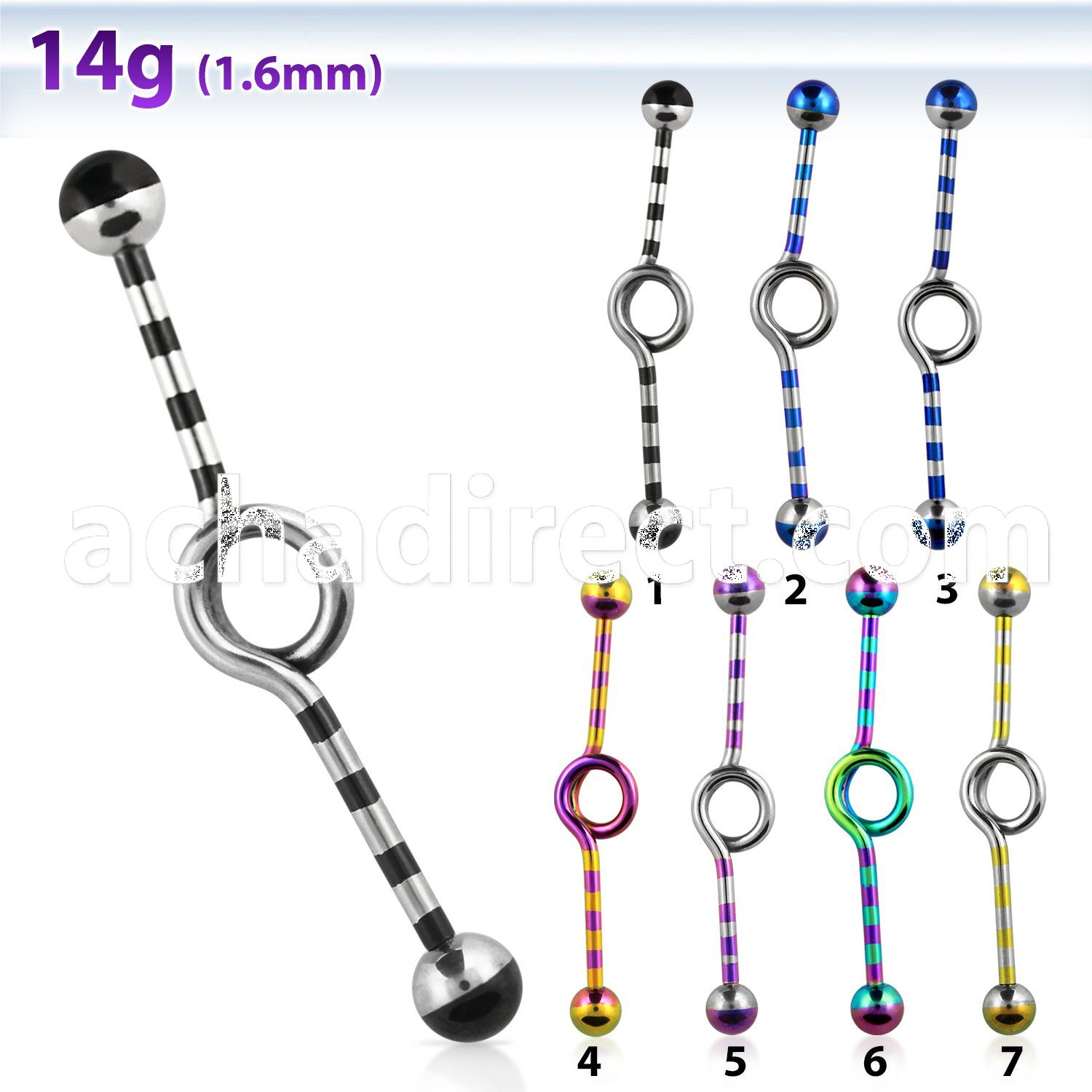 idbt14 striped pvd 316l steel industrial loop barbell w balls