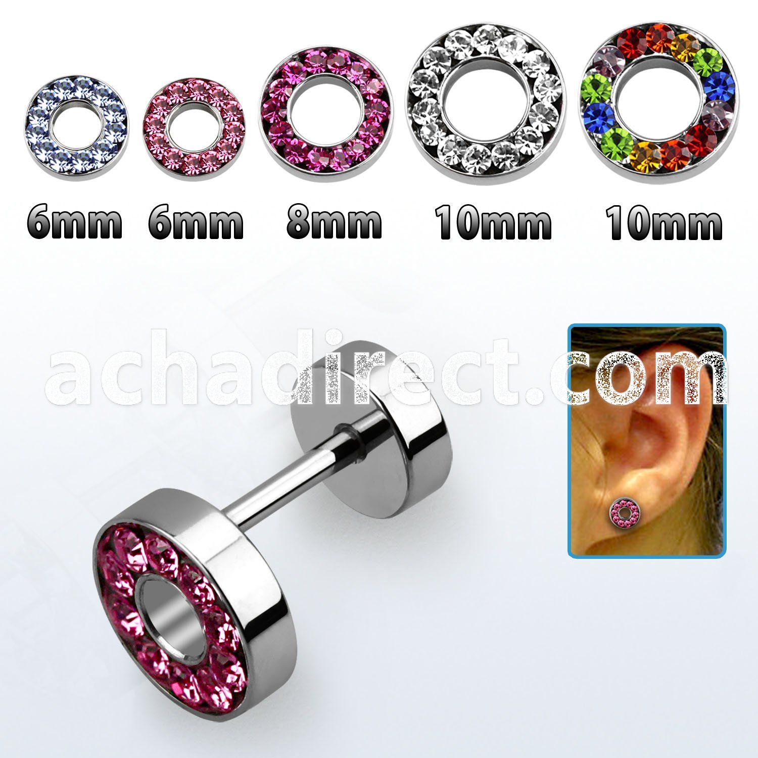 ifrdc high polished 316l steel fake flesh tunnel w crystal rim