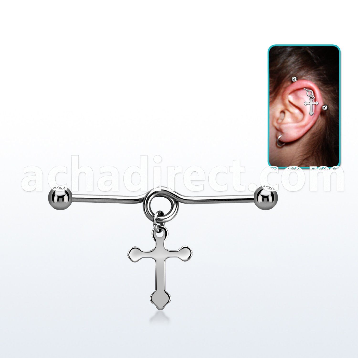 indd10 steel industrial loop barbell w dangling plain cross
