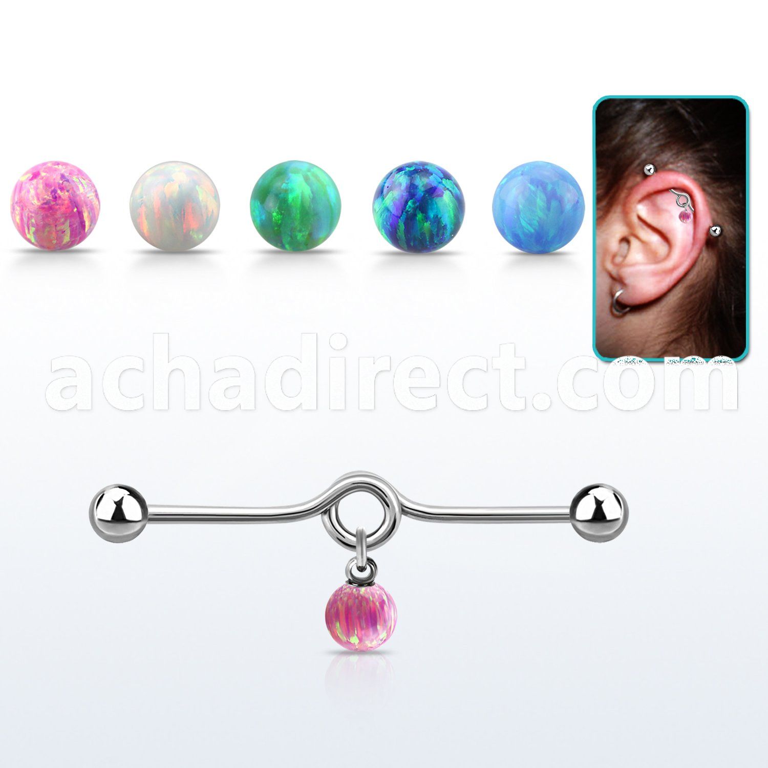 inddo6 steel industrial loop barbell w dangling opal ball