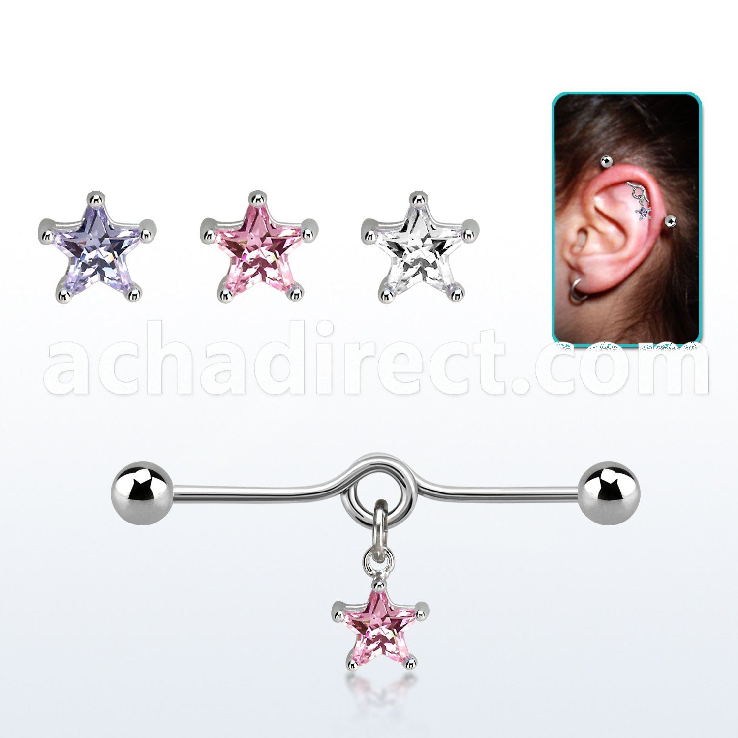 inddzs6 steel industrial loop barbell w a dangling star cz 