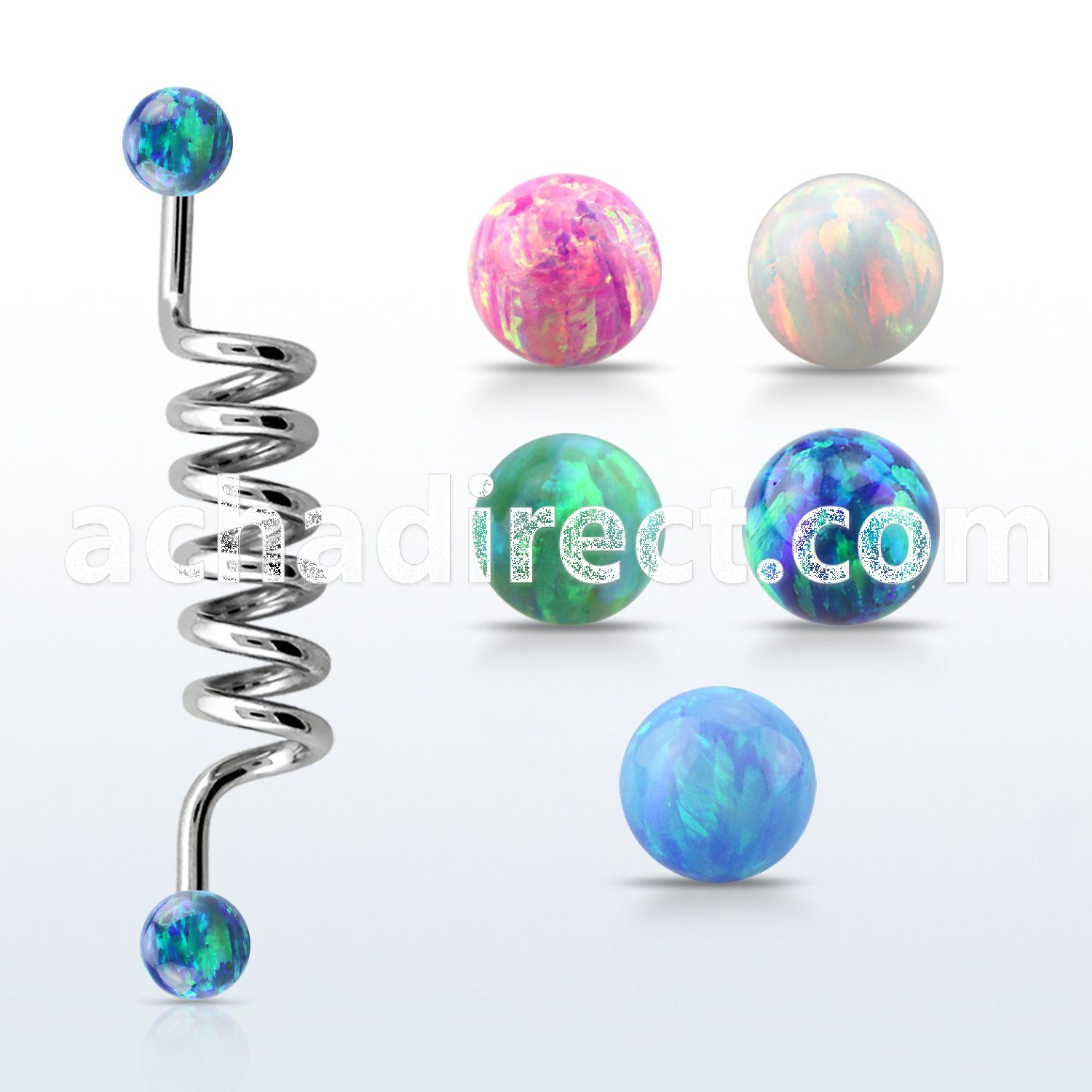 indop5 316l steel industrial coil barbell w synthetic opal ball