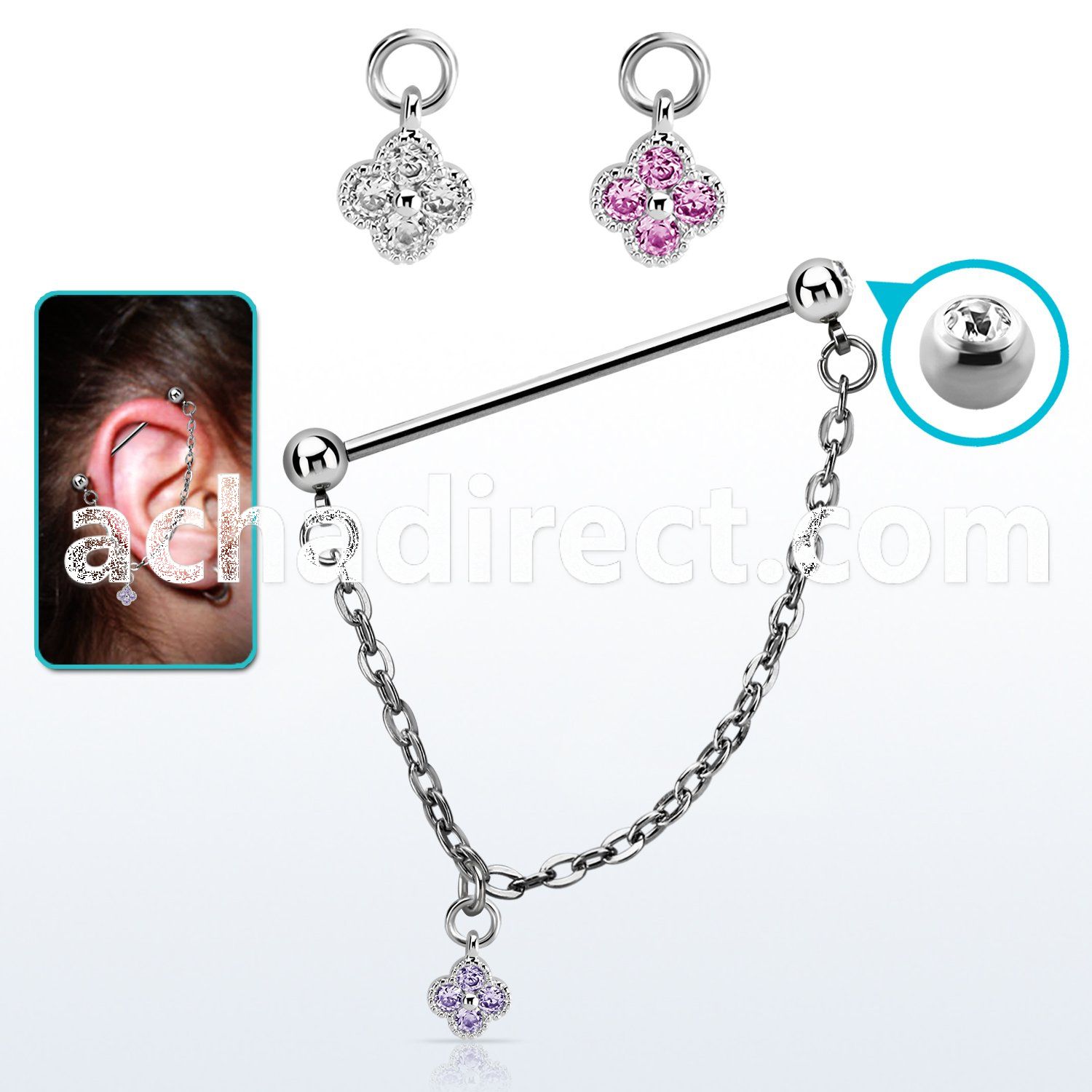 indsdz1 steel industrial loop barbell w jewel ball w star cz 