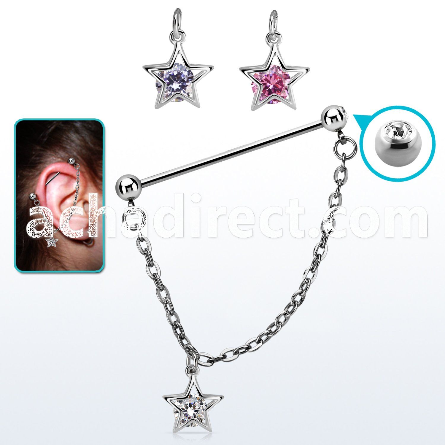 indsdz3 steel industrial loop barbell w jewel ball flower cz 