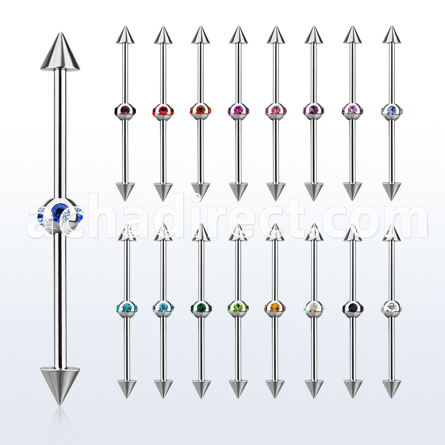 indsh18 316l steel industrial barbell w cones multijewel ball