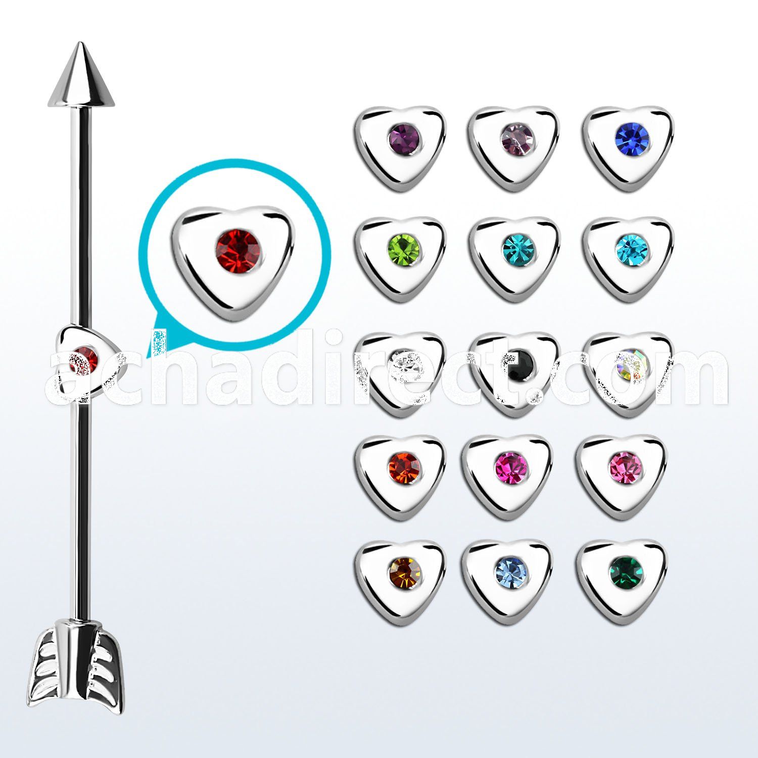 indsh22 steel industrial barbell w cone arrow heart w crystal