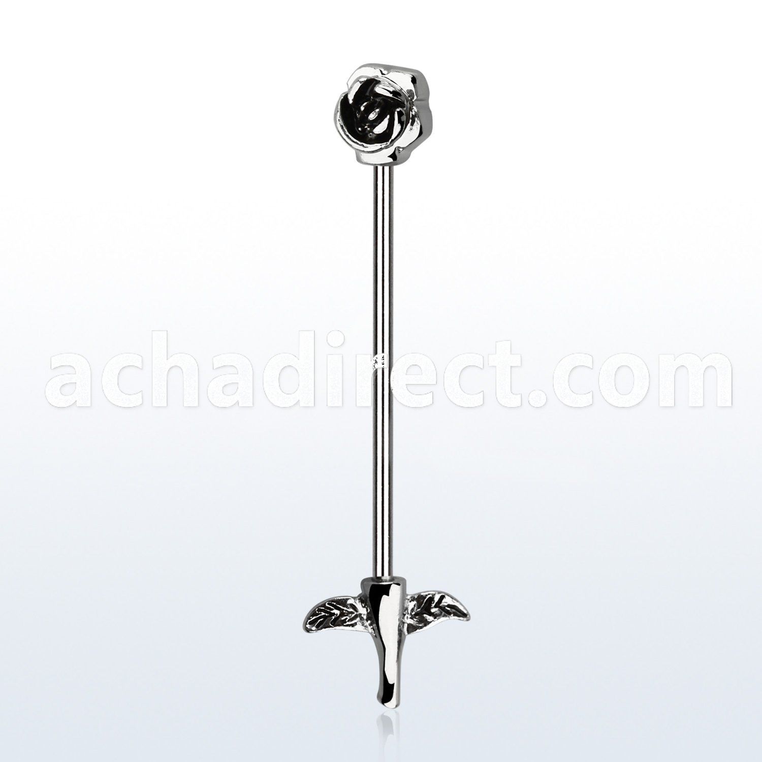 indsh27 316l steel industrial barbell w a rose two small leafs