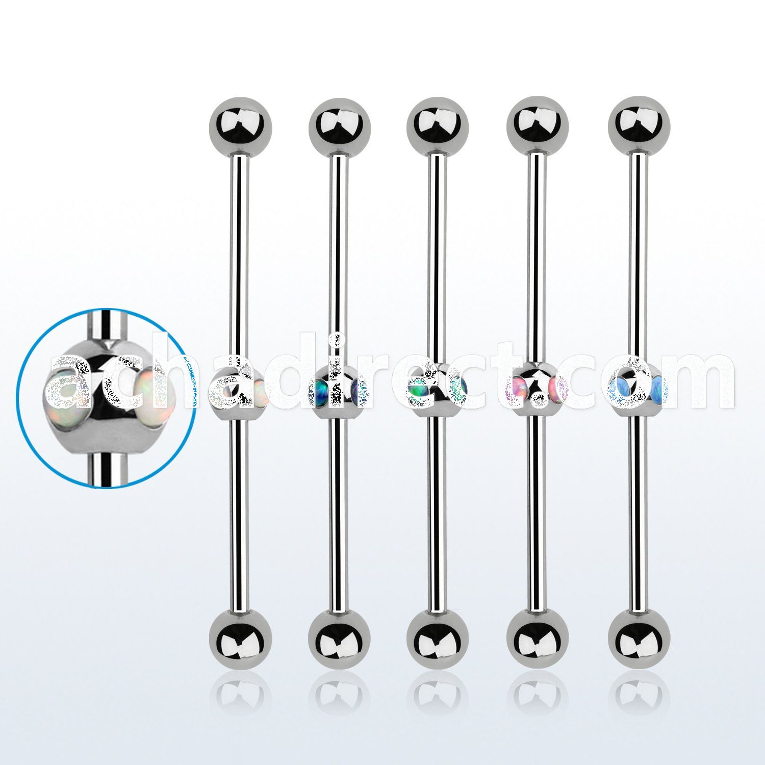 indsh32 316l steel industrial barbell w 4 synthetic opals ball
