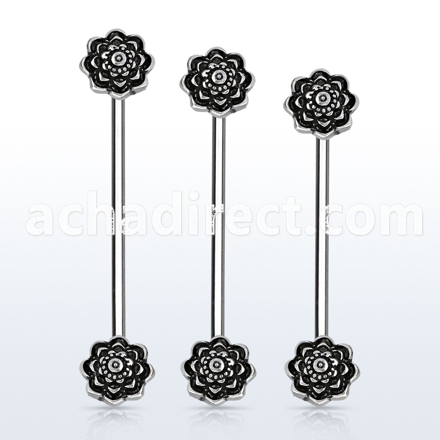 indsh34 316l steel industrial barbell, w two black roses
