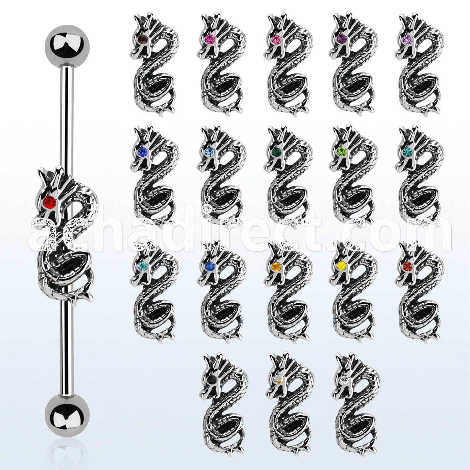 indsh35 316l steel industrial barbell w dragon w crystal eye