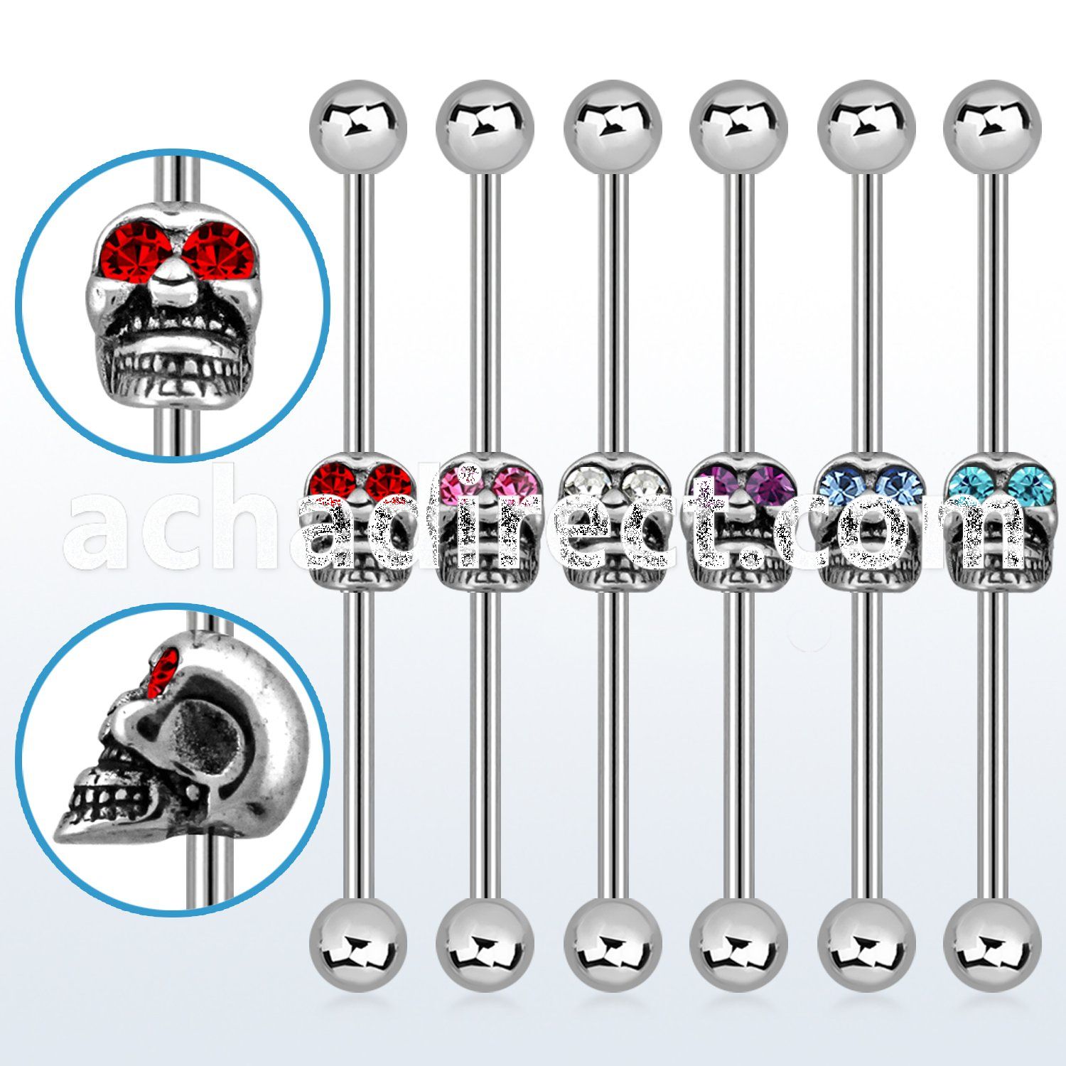 indsh4 316l steel industrial barbell w balls center skull