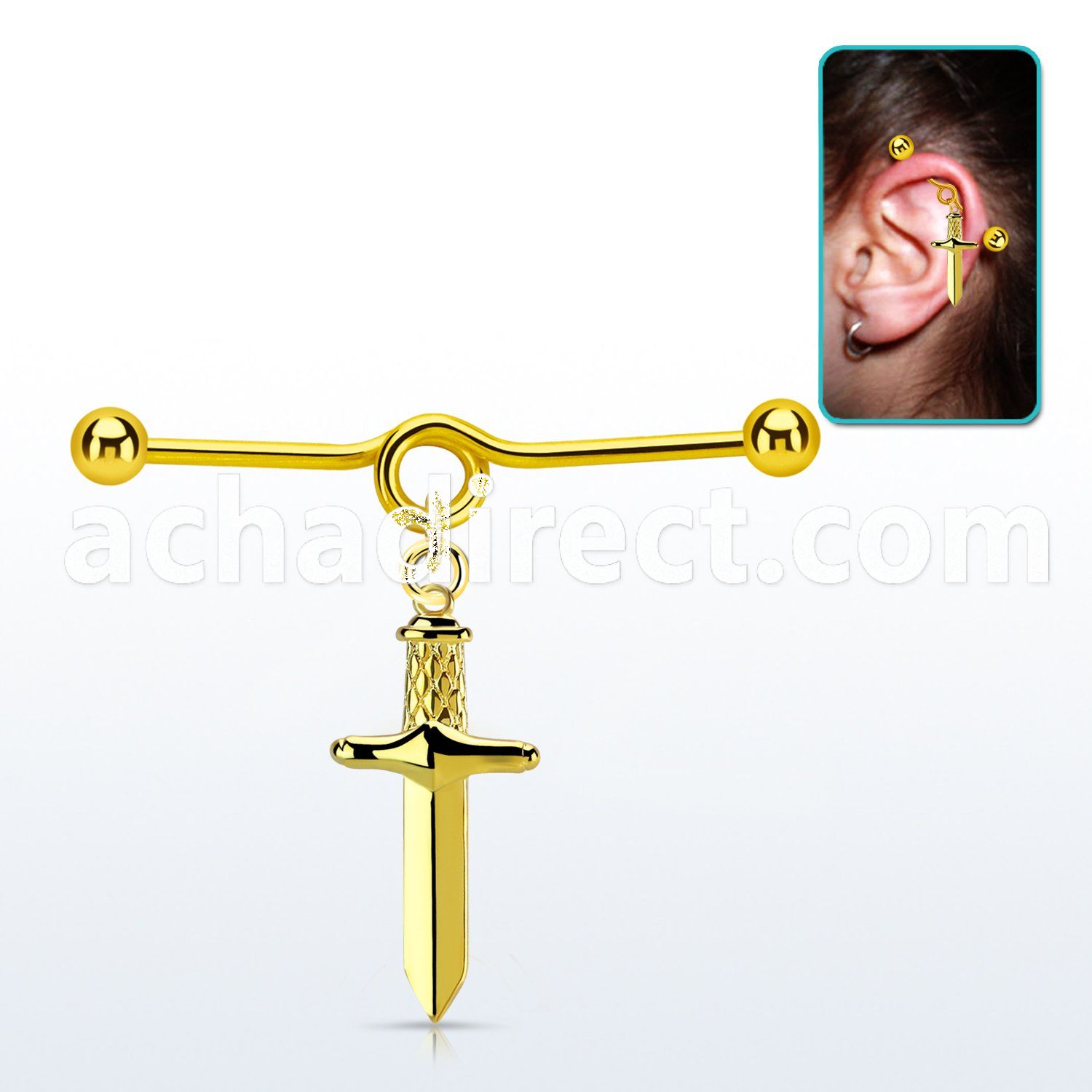indtd17 gold plated steel industrial loop barbell w ball & dagger